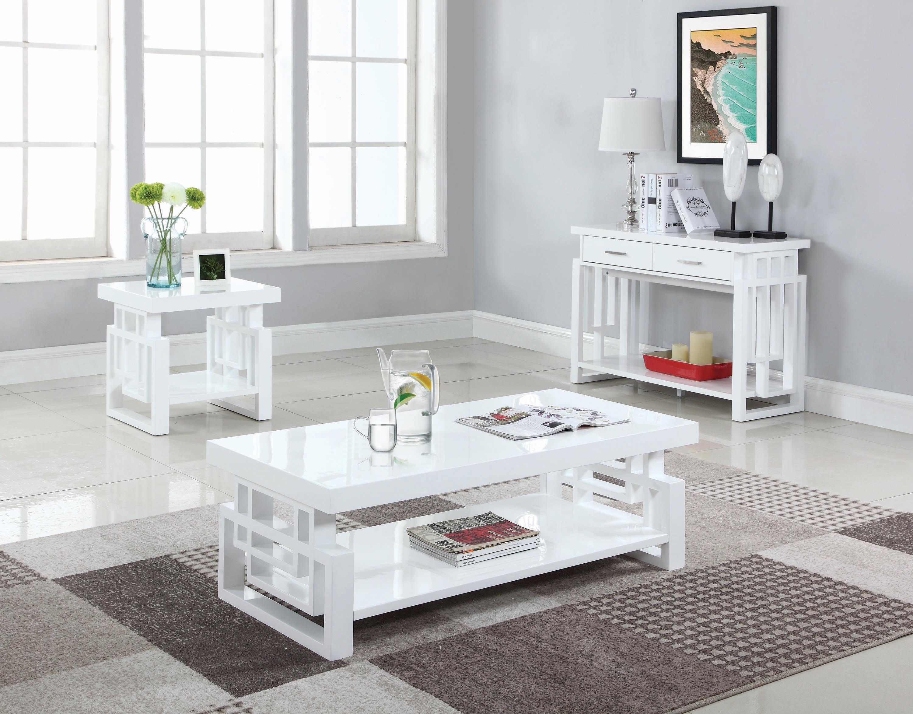 

    
Transitional Glossy White Wood Coffee Table Set 3pcs Coaster 705708-S3
