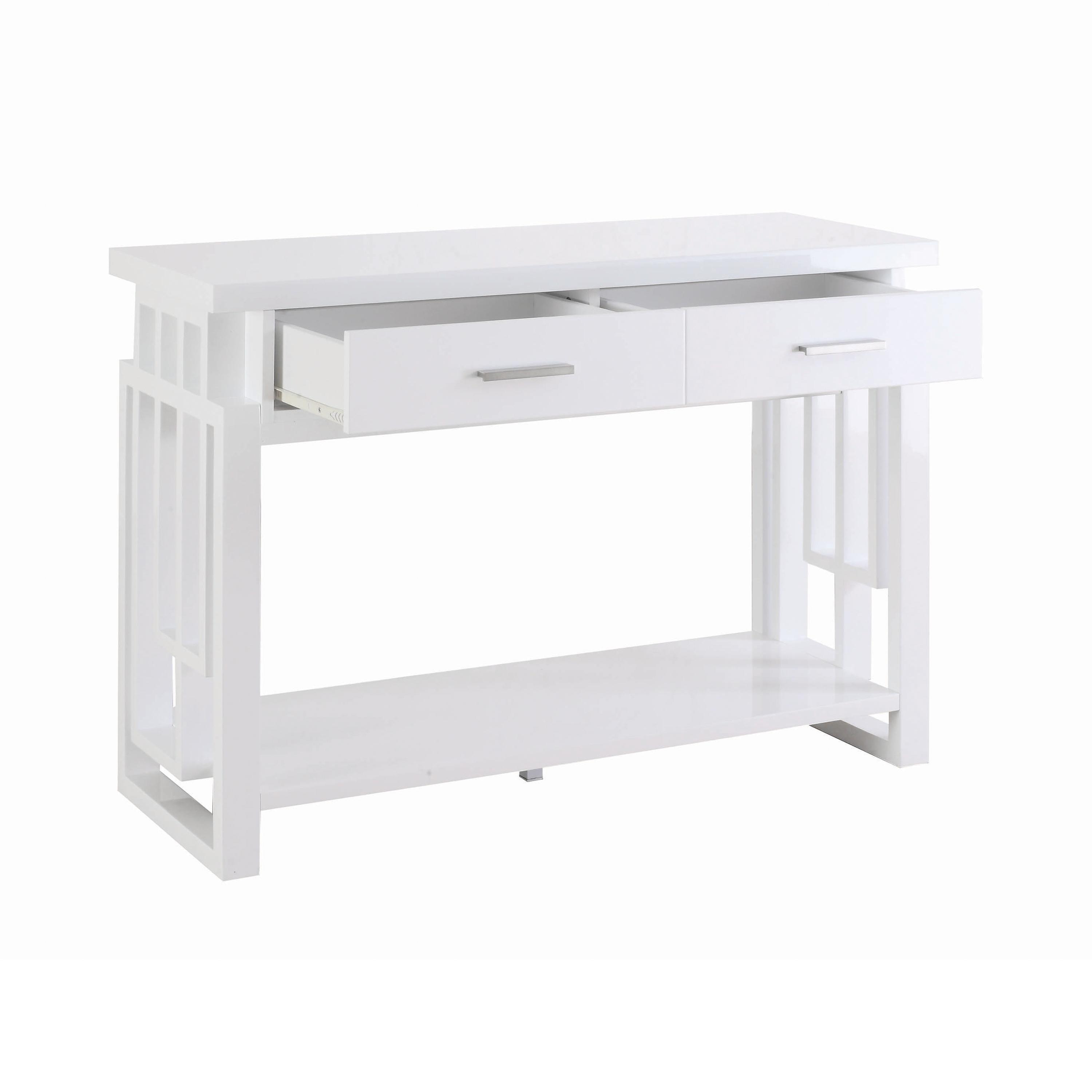 

    
Transitional Glossy White Wood Sofa Table Coaster 705709
