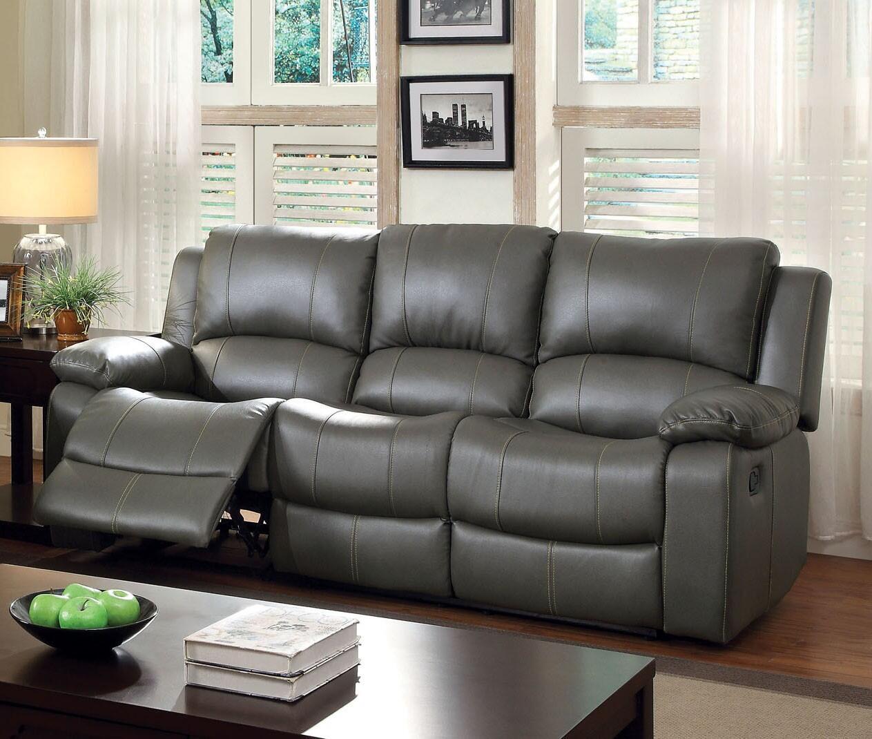

                    
Furniture of America CM6326-3PC Sarles Recliner Sofa Loveseat and Chair Gray Bonded Leather Purchase 
