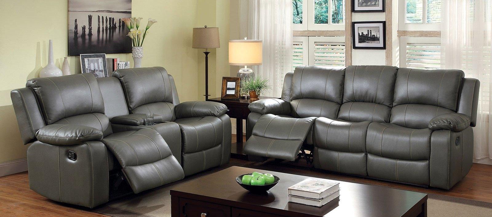 

    
Transitional Gray Bonded Leather Motion Sofa and Loveseat Furniture of America Sarles
