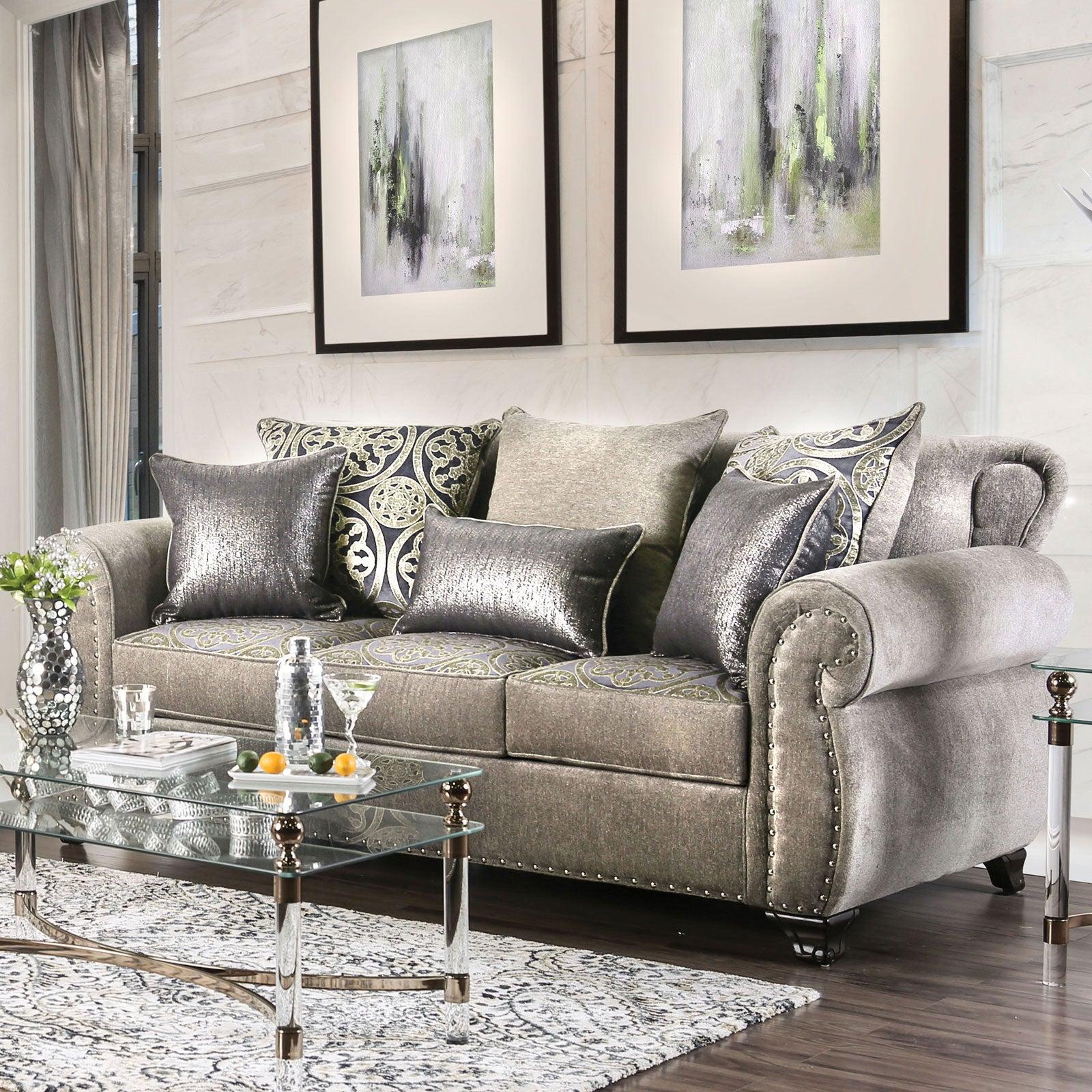 

    
Transitional Gray & Champagne Linen-like Fabric Sofa and Loveseat Furniture of America Sinatra
