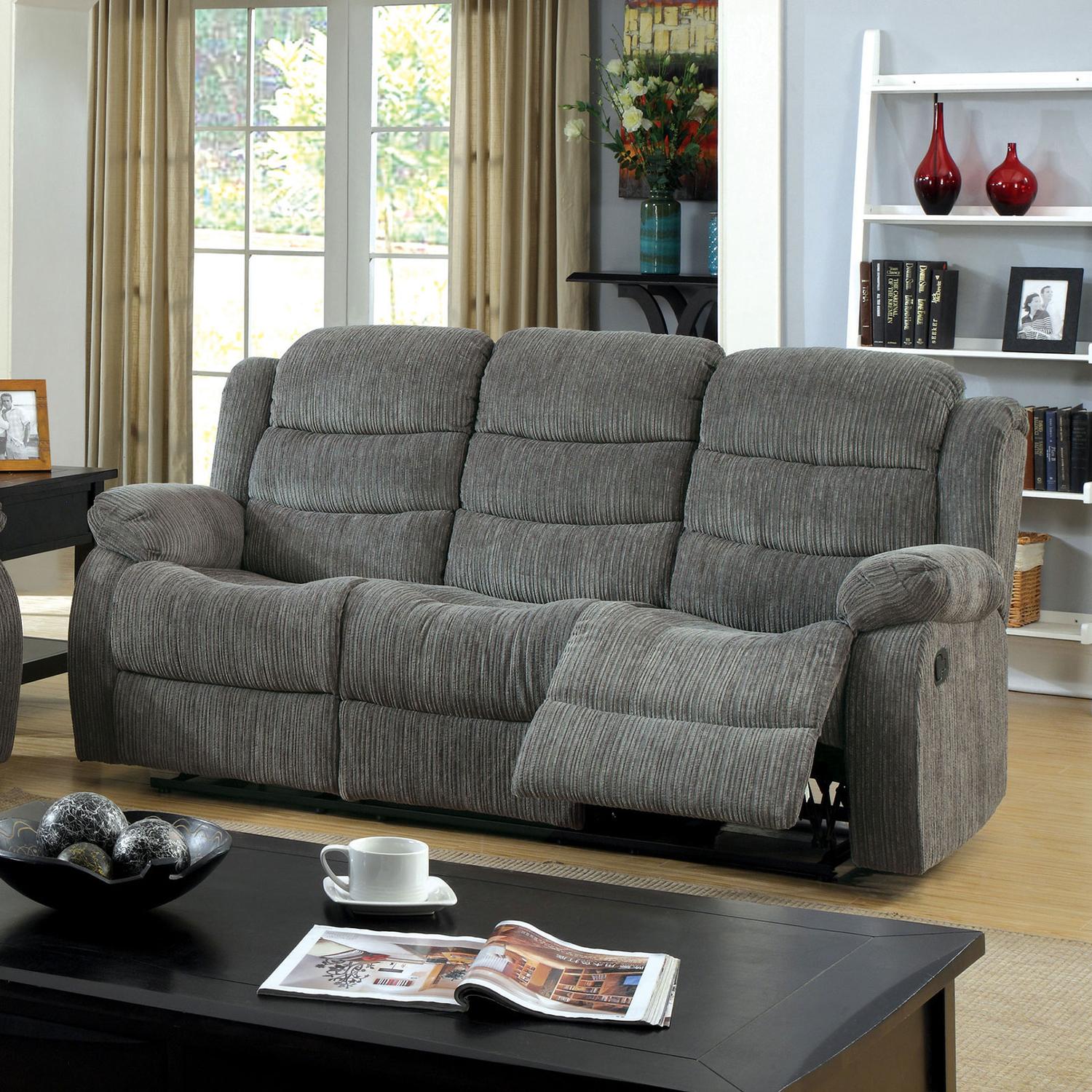 

                    
Furniture of America CM6173GY-3PC Millville Recliner Sofa Loveseat and Chair Gray Chenille Purchase 

