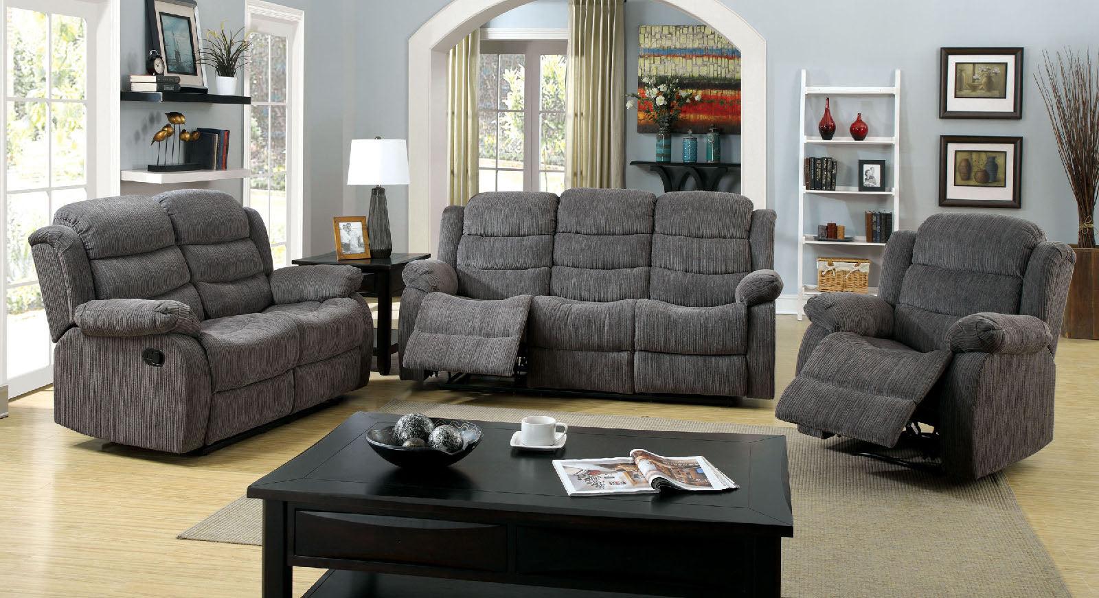 Transitional Recliner Sofa Loveseat and Chair CM6173GY-3PC Millville CM6173GY-3PC in Gray Chenille