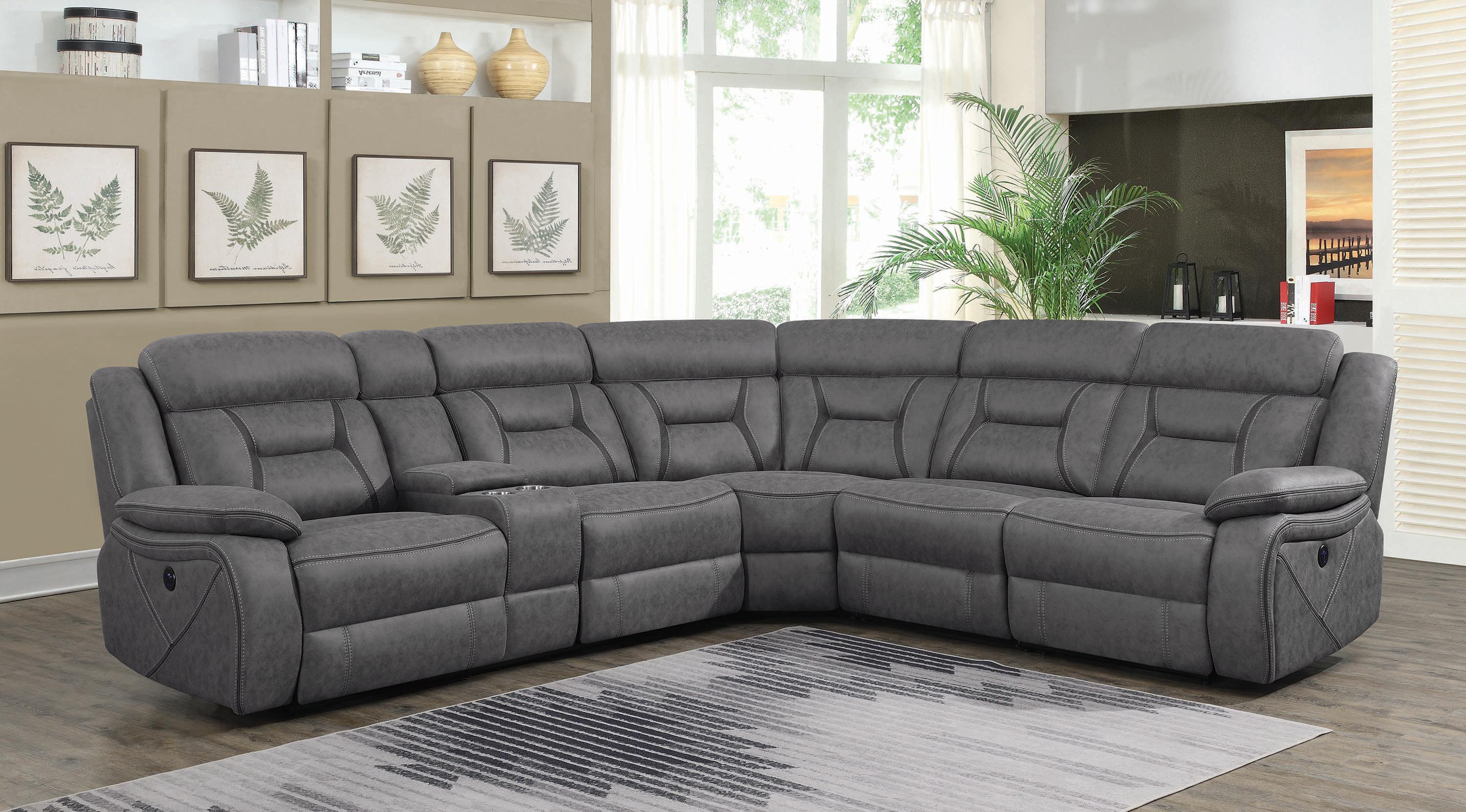 

                    
Buy Contemporary Gray Faux Suede 4-Piece Power Sectional Coaster 600370 Higgins
