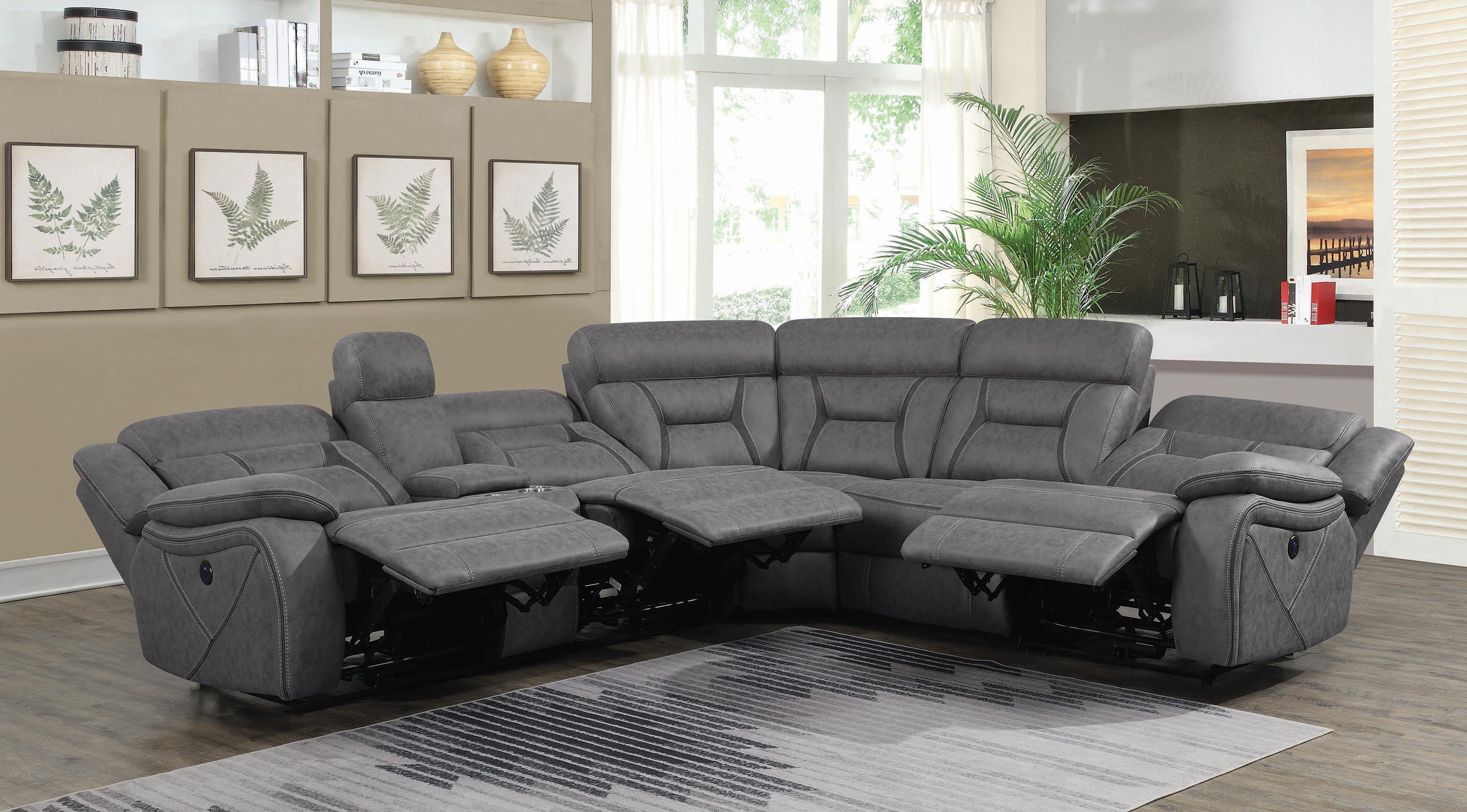 

    
 Shop  Contemporary Gray Faux Suede 4-Piece Power Sectional Coaster 600370 Higgins
