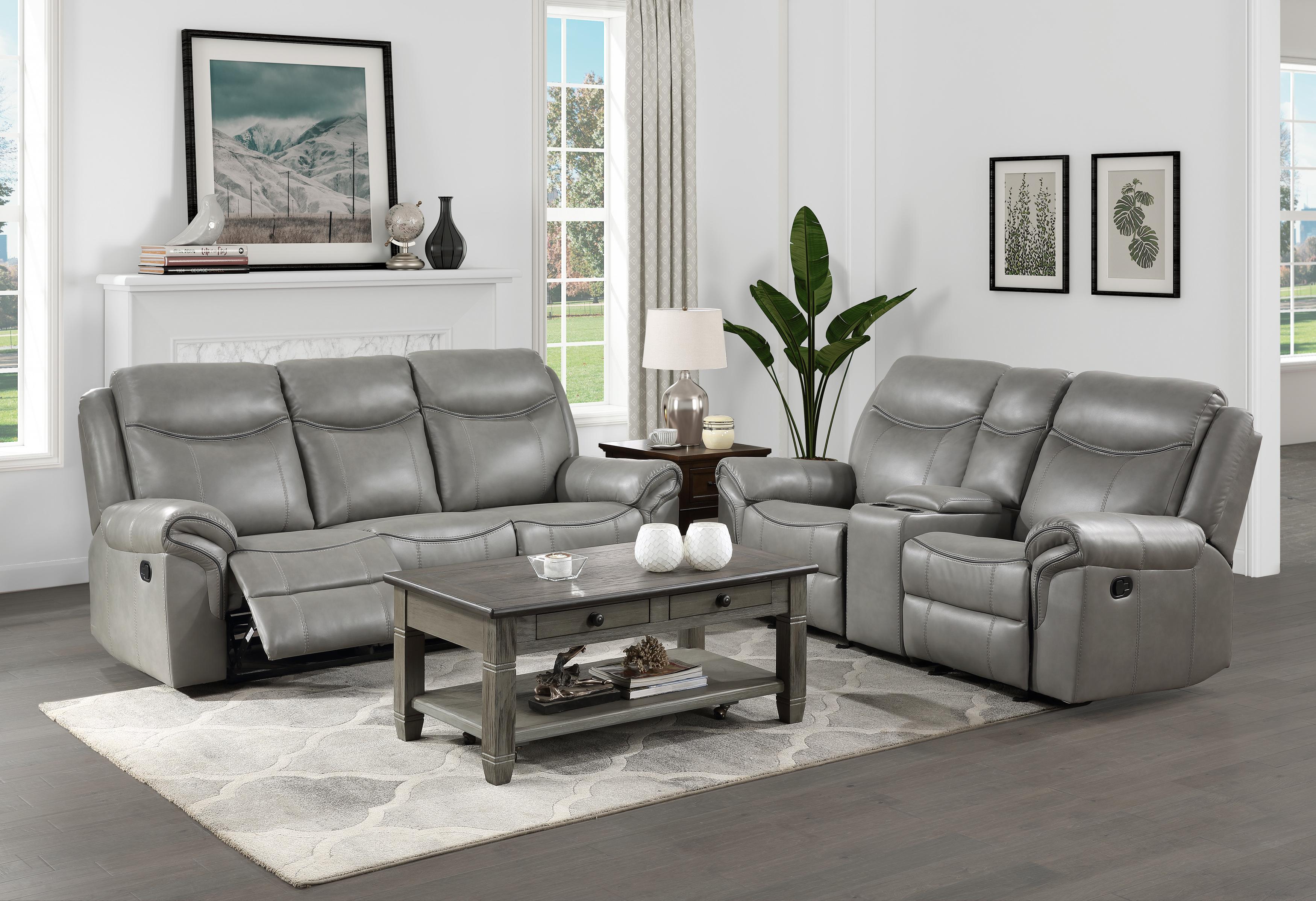 

    
Transitional Gray Faux Leather Reclining Set 2pcs Homelegance 8206GRY Aram
