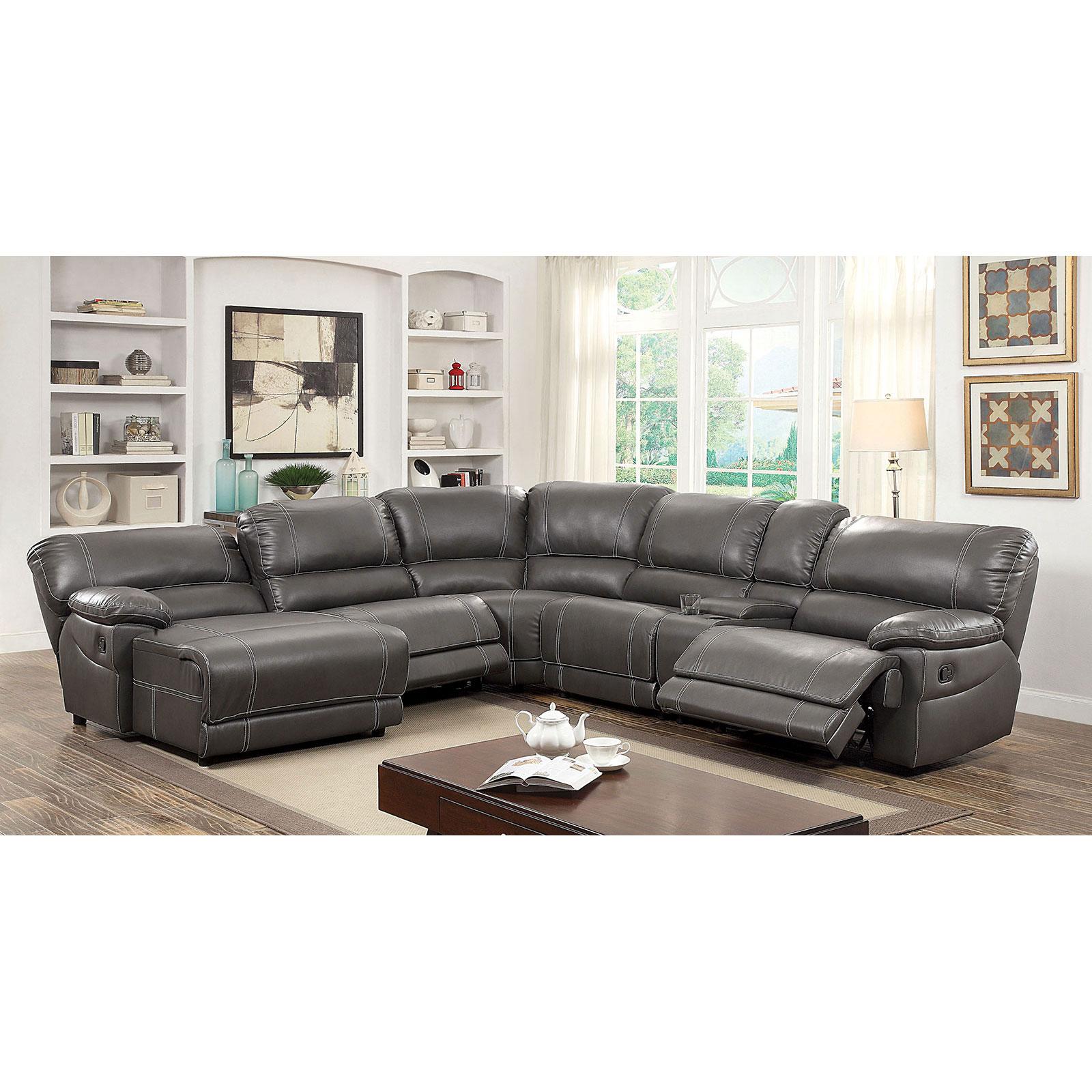 

    
Gray Faux Leather Reclining Sectional ESTRELLA CM6131GY FoA Group Transitional
