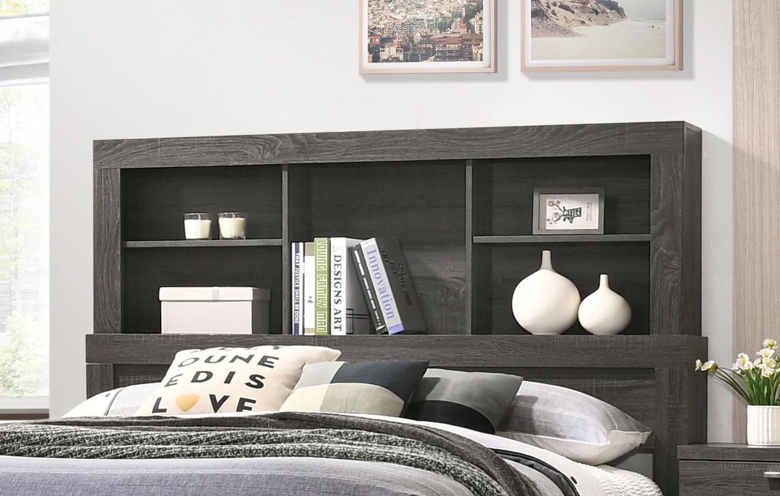 

    
Transitional Gray Finish Bookcase Storage Headboard Queen Bed Lantha-22030Q Acme
