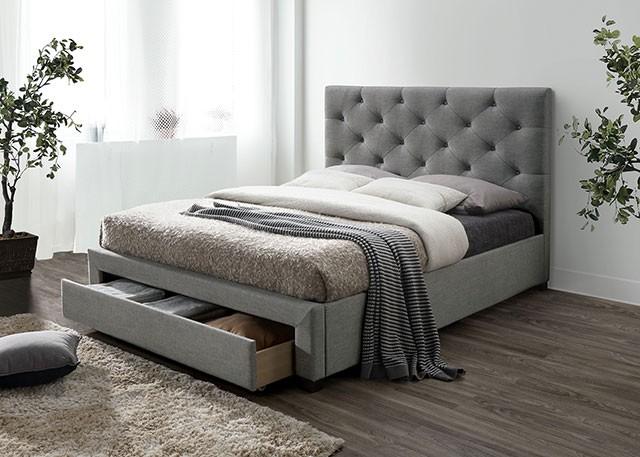 

    
Transitional Gray Linen-like Fabric King Bed Furniture of America CM7218GY Sybella

