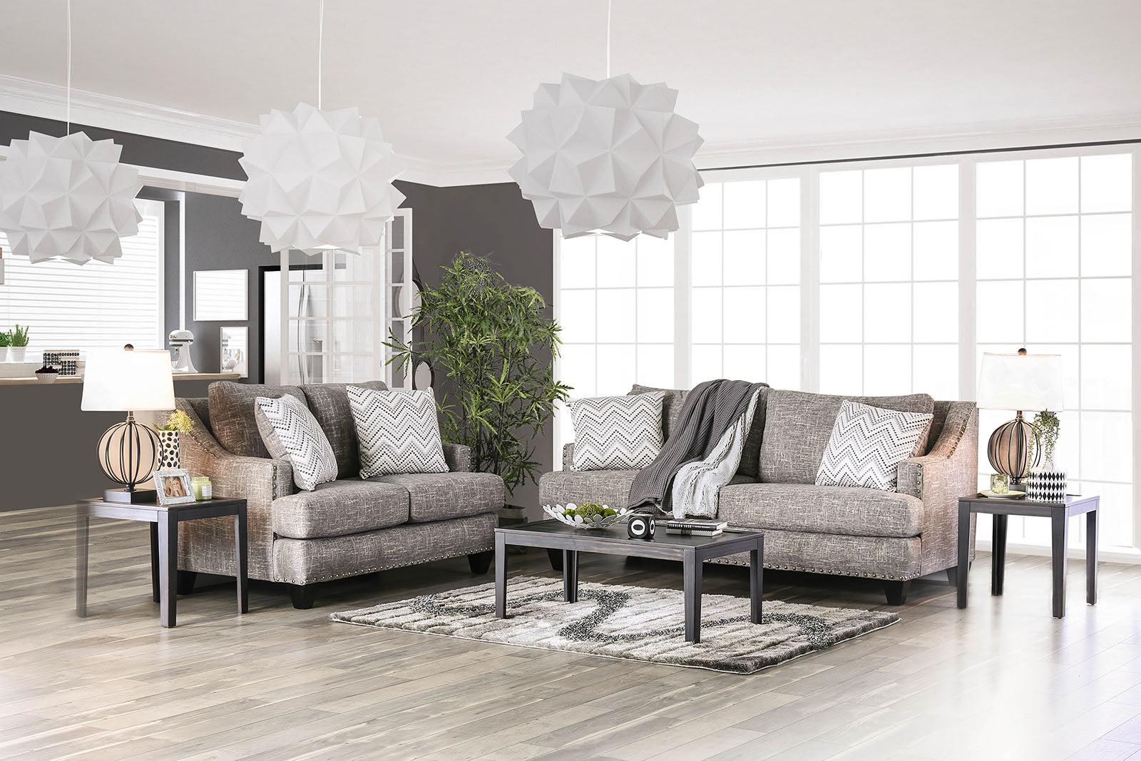 

    
Transitional Gray Linen-like Fabric Sofa and Loveseat Furniture of America Erika
