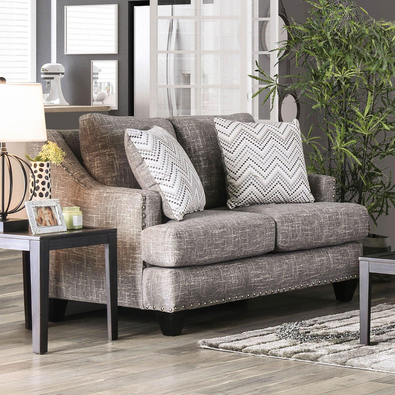 

    
Transitional Gray Linen-like Fabric Sofa and Loveseat Furniture of America Erika
