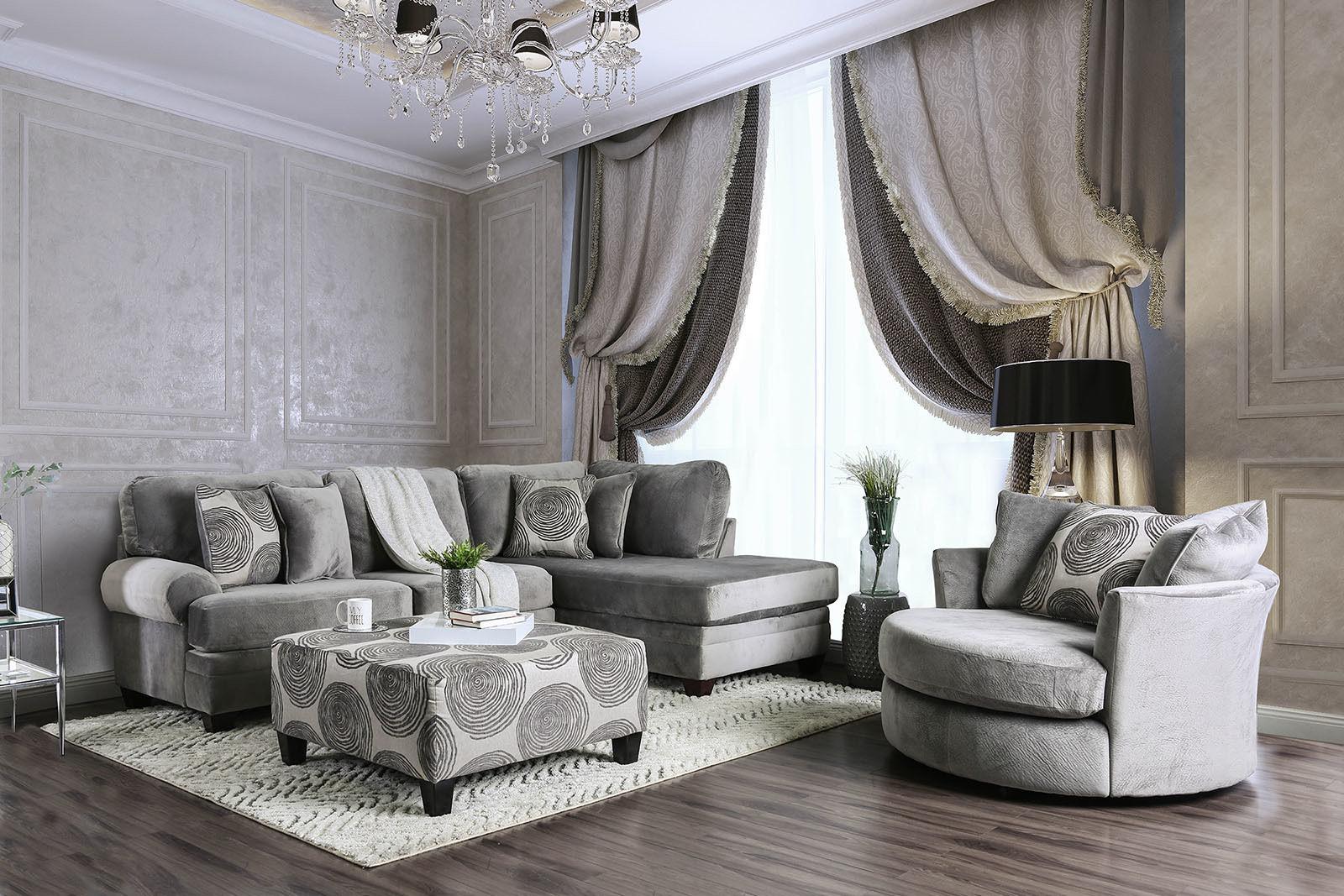 

    
Transitional Gray Microfiber Living Room Set 3pcs w/Swivel Chair Furniture of America Bonaventura
