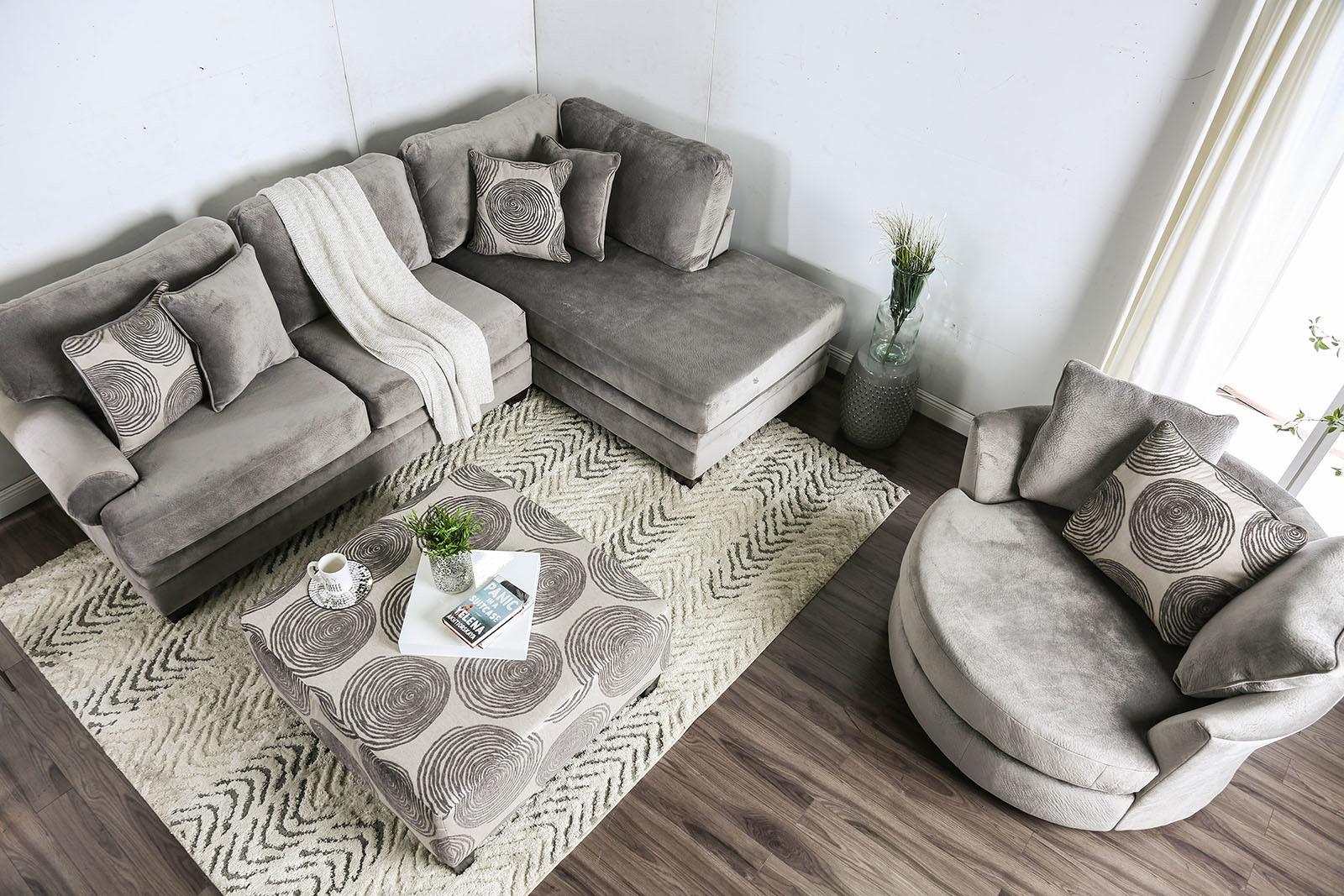 

    
Transitional Gray Microfiber Living Room Set 3pcs w/Swivel Chair Furniture of America Bonaventura
