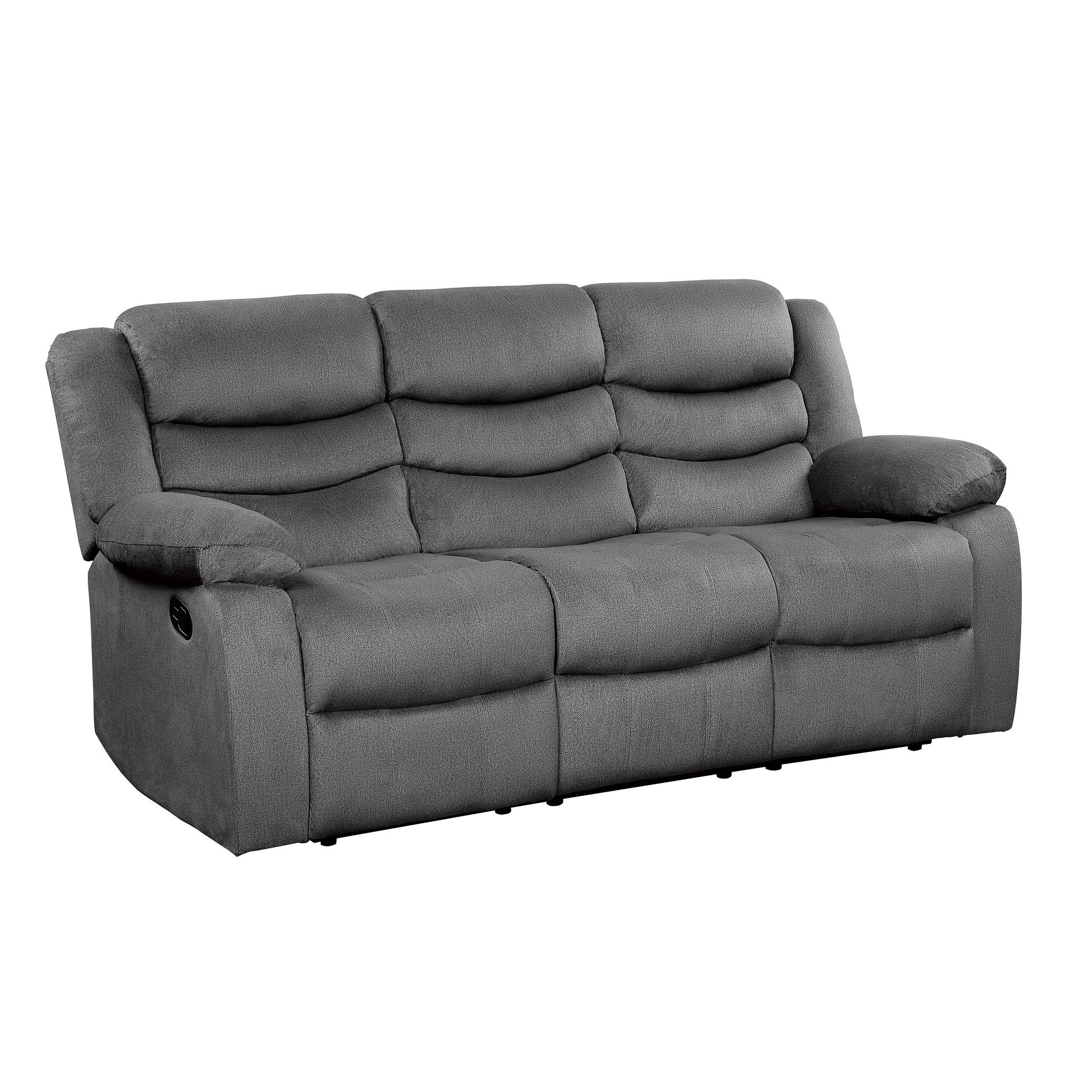 

    
Transitional Gray Microfiber Reclining Sofa Homelegance 9526GY-3 Discus
