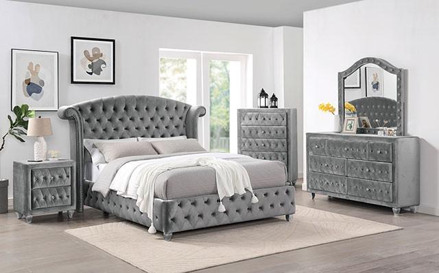 

                    
Furniture of America CM7130GY-EK Zohar Platform Bed Gray Velvet-like Fabric Purchase 
