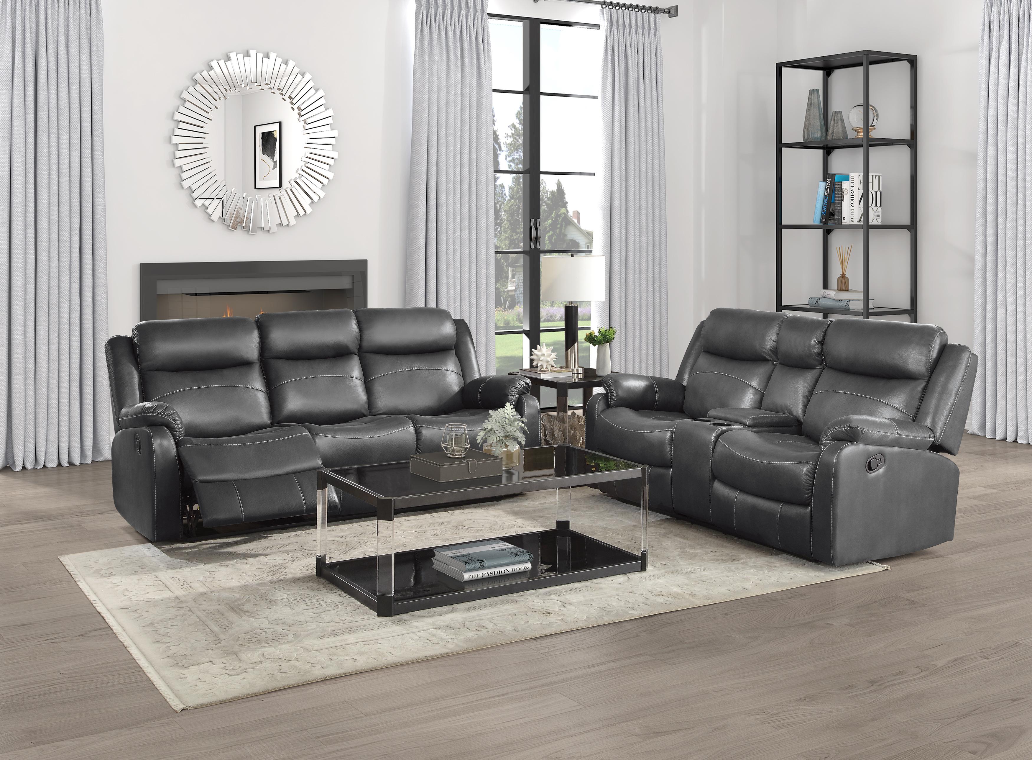 

    
Transitional Gray Solid Wood Reclining Living Room Set 2PCS Homelegance Yerba 9990GY-3-S-2PCS
