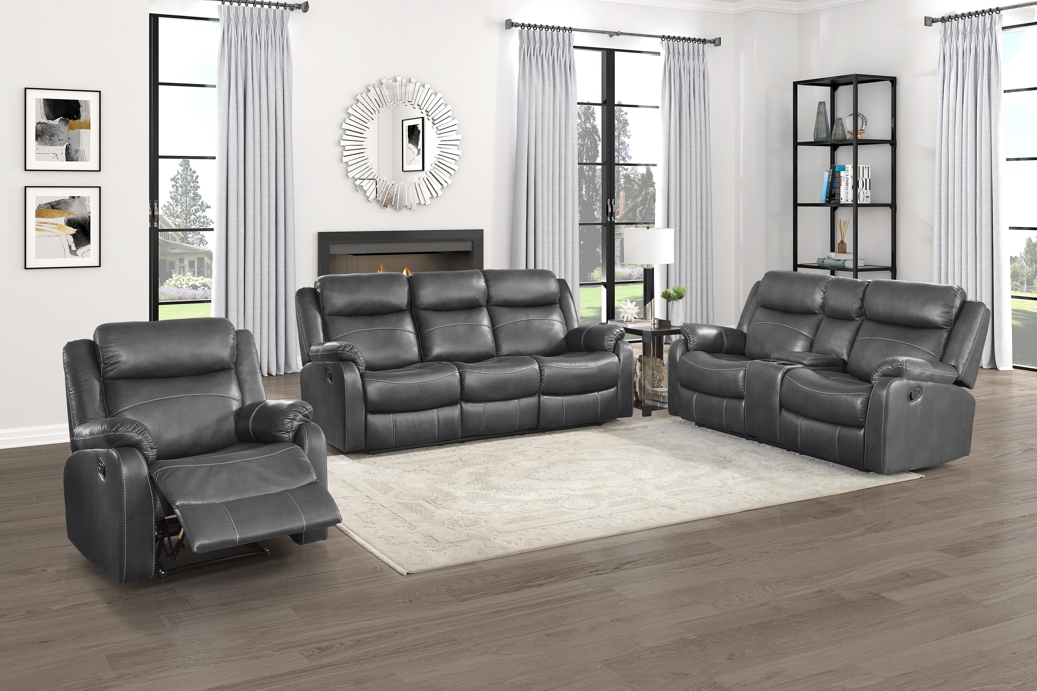 

    
Transitional Gray Solid Wood Reclining Living Room Set 3PCS Homelegance Yerba 9990GY-3-S-3PCS
