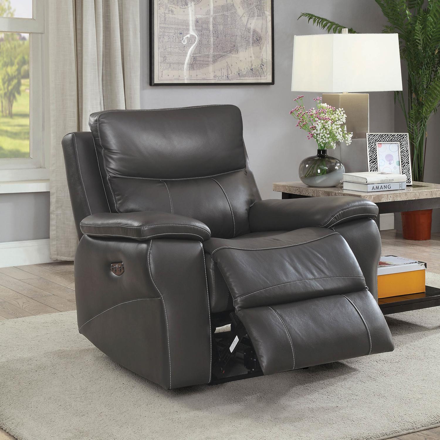 

    
Transitional Gray Top Grain Leather Power-Assist Recliner Furniture of America CM6540-PM-CH Lila
