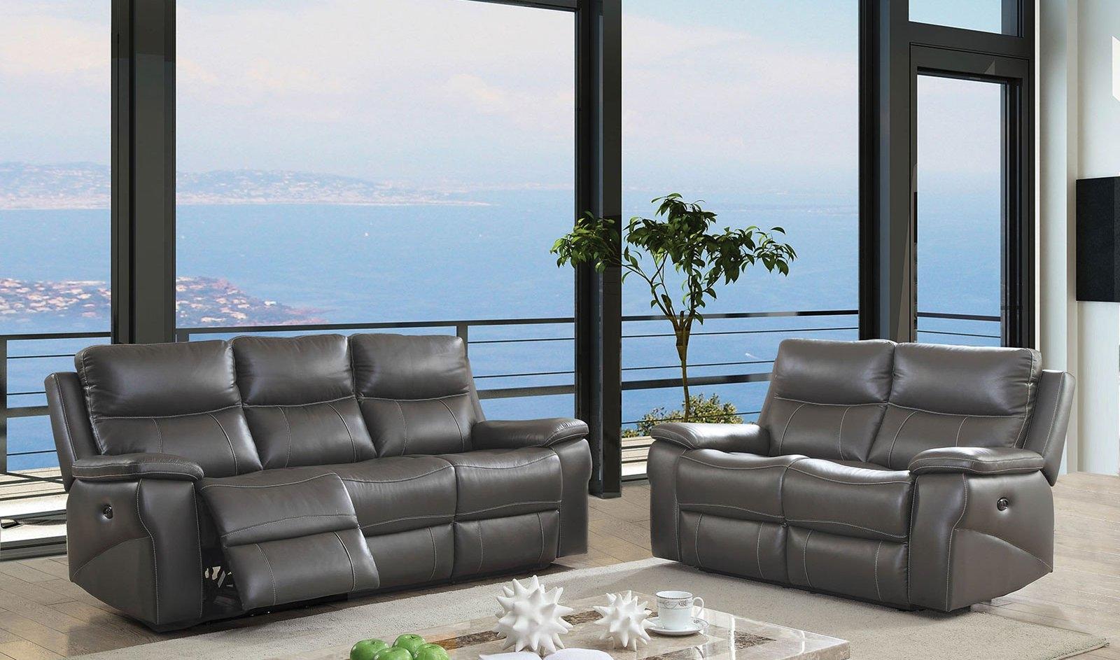 

    
Transitional Gray Top Grain Leather Recliner Living Room Set 3pcs Furniture of America Lila

