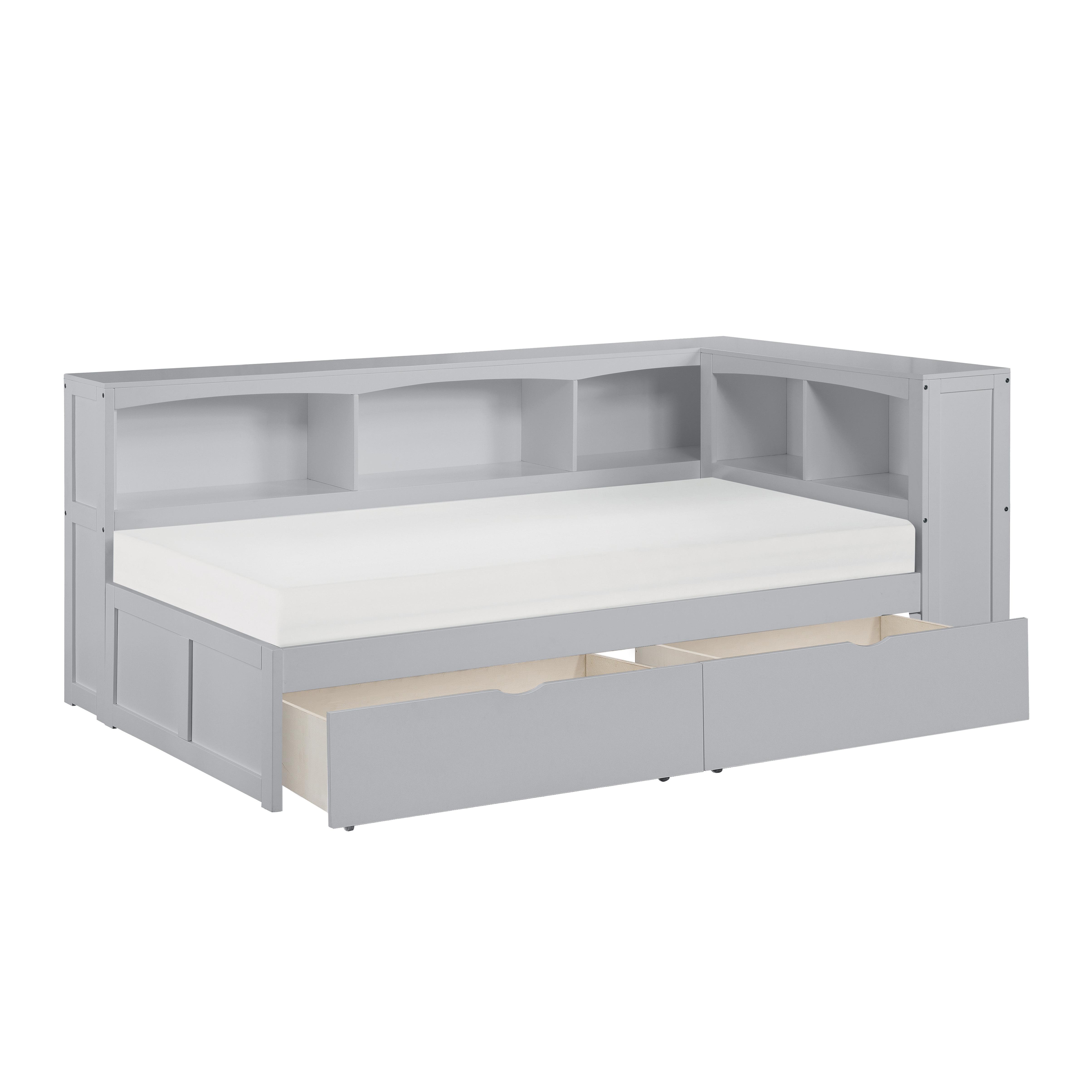 

    
Transitional Gray Wood Twin Bookcase Corner Bed w/Storage Boxes Homelegance B2063BC-1BCT* Orion
