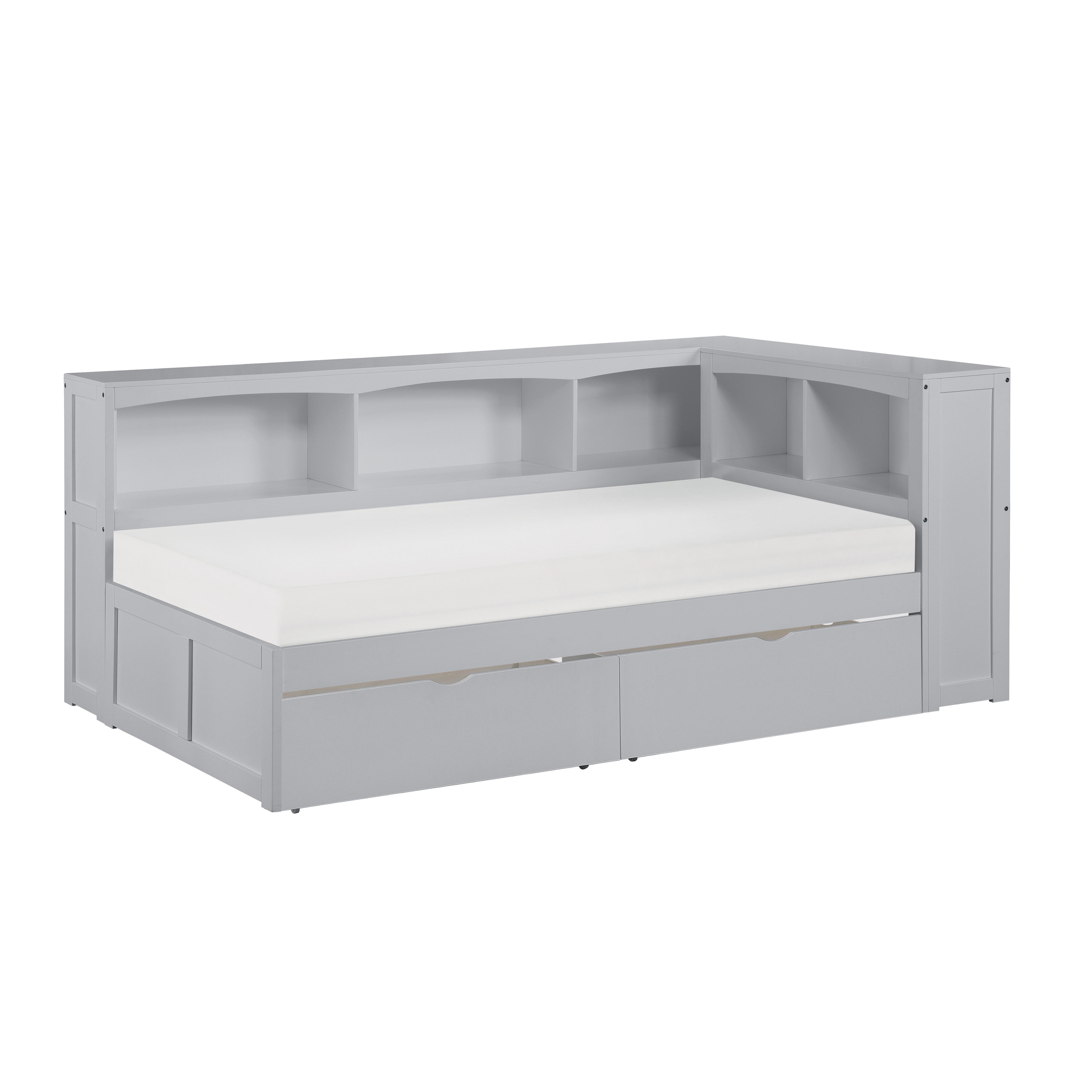 

    
Transitional Gray Wood Twin Bookcase Corner Bed w/Storage Boxes Homelegance B2063BC-1BCT* Orion
