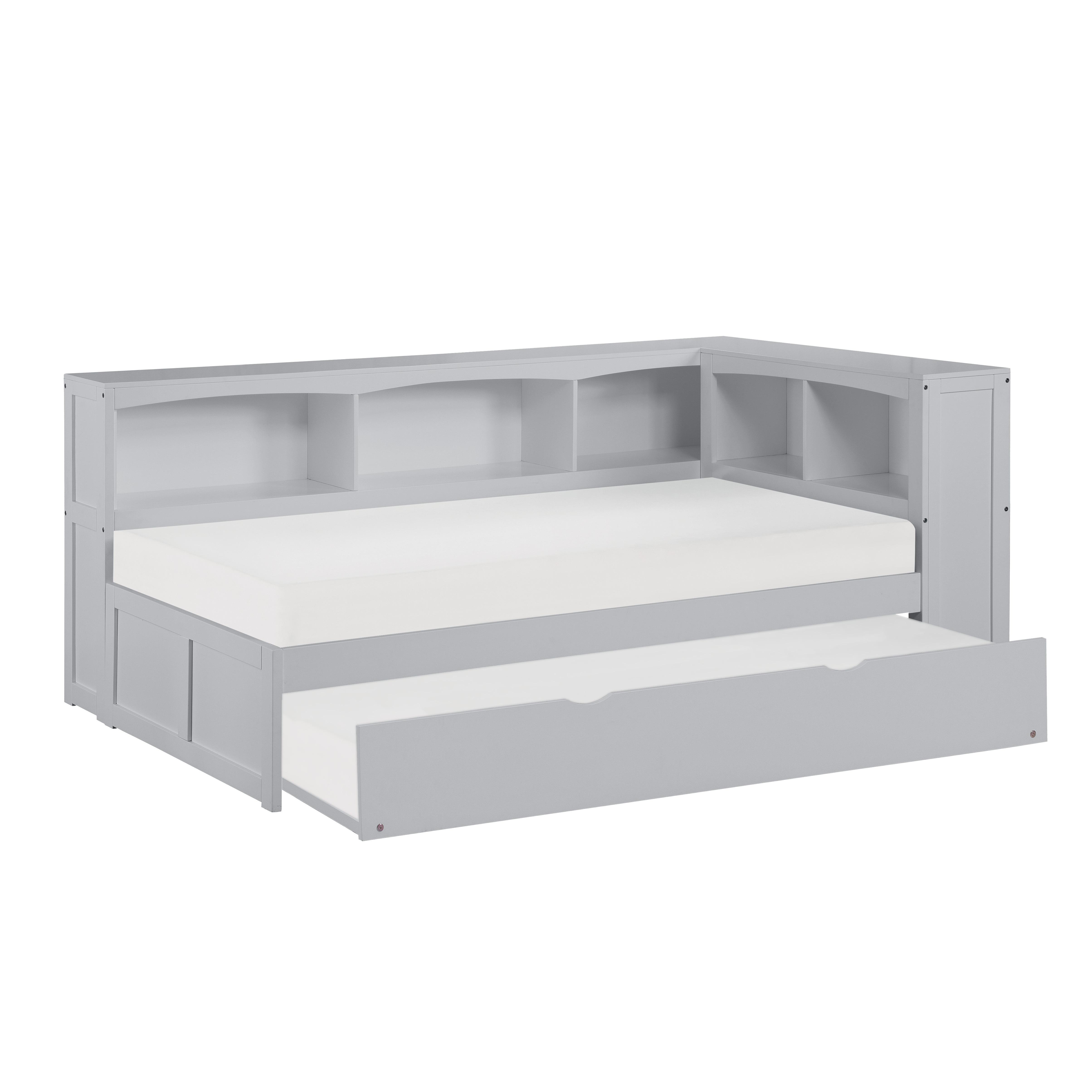 

    
Transitional Gray Wood Twin Bookcase Corner Bed w/Trundle Homelegance B2063BC-1BCR* Orion
