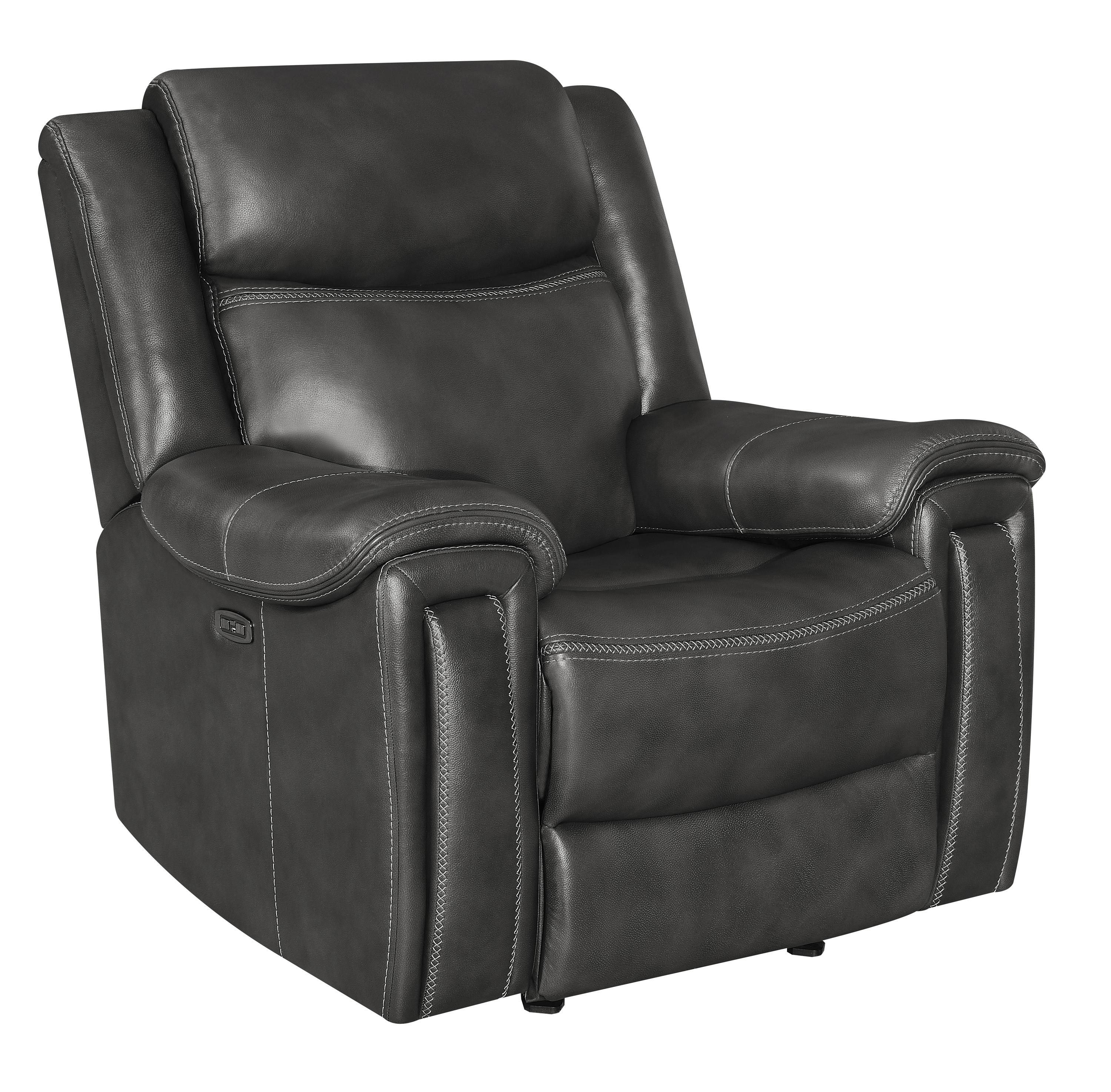 

    
Transitional Hand Rubbed Charcoal Leather Power Glider Recliner Coaster 609323PP Shallowford
