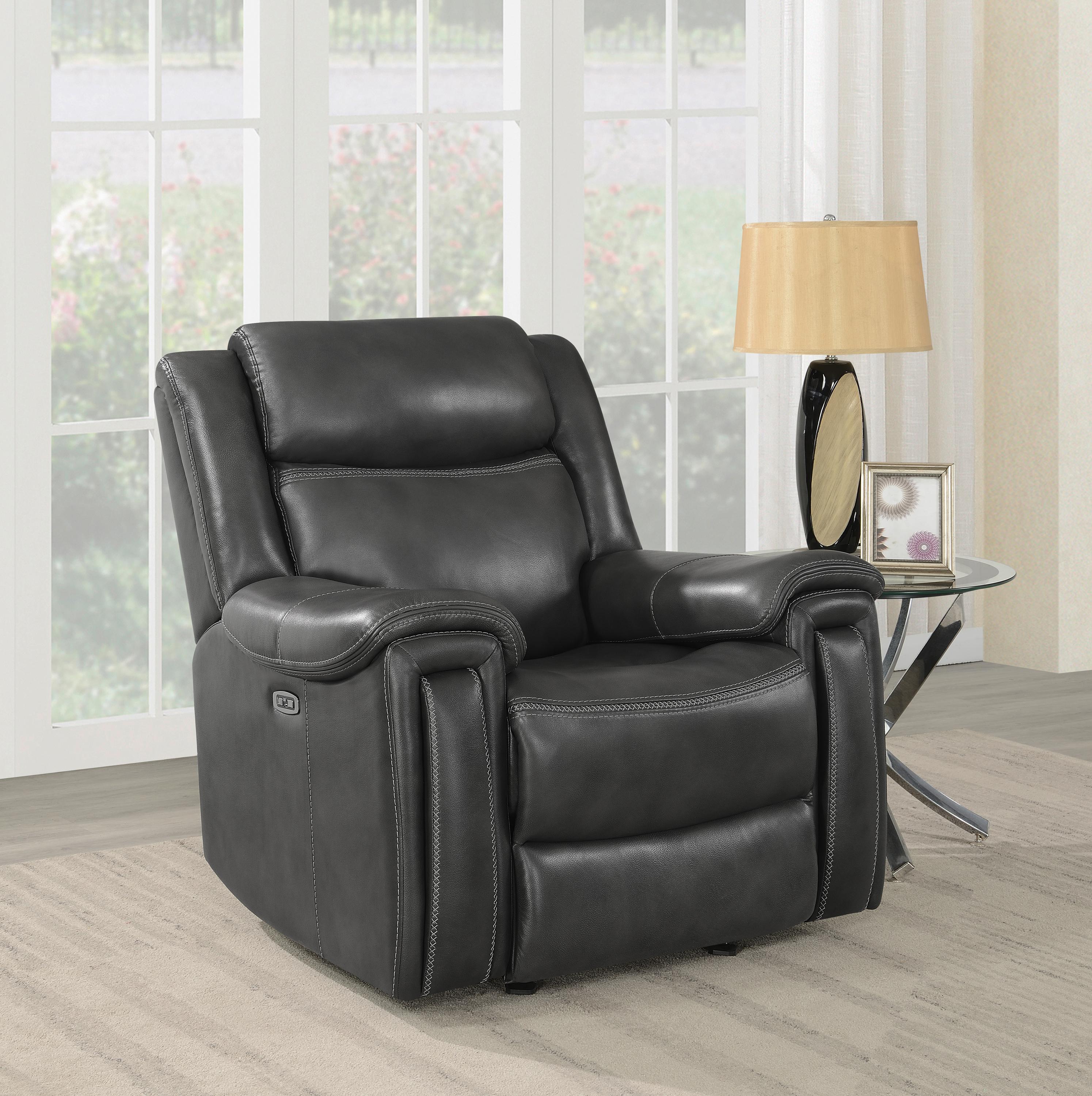 

    
 Order  Transitional Hand Rubbed Charcoal Leather Power Glider Recliner Coaster 609323PP Shallowford

