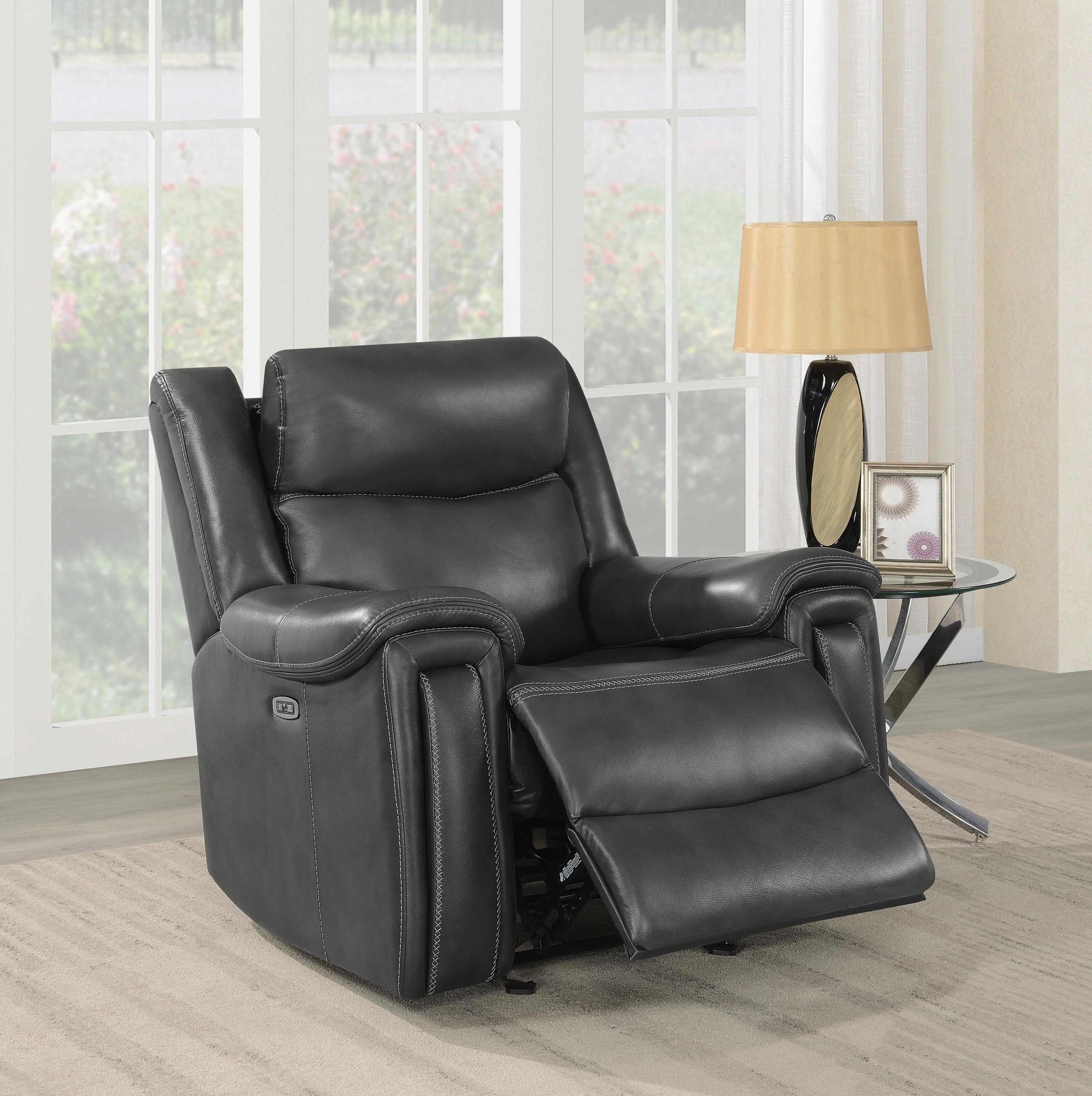 

    
 Shop  Transitional Hand Rubbed Charcoal Leather Power Glider Recliner Coaster 609323PP Shallowford
