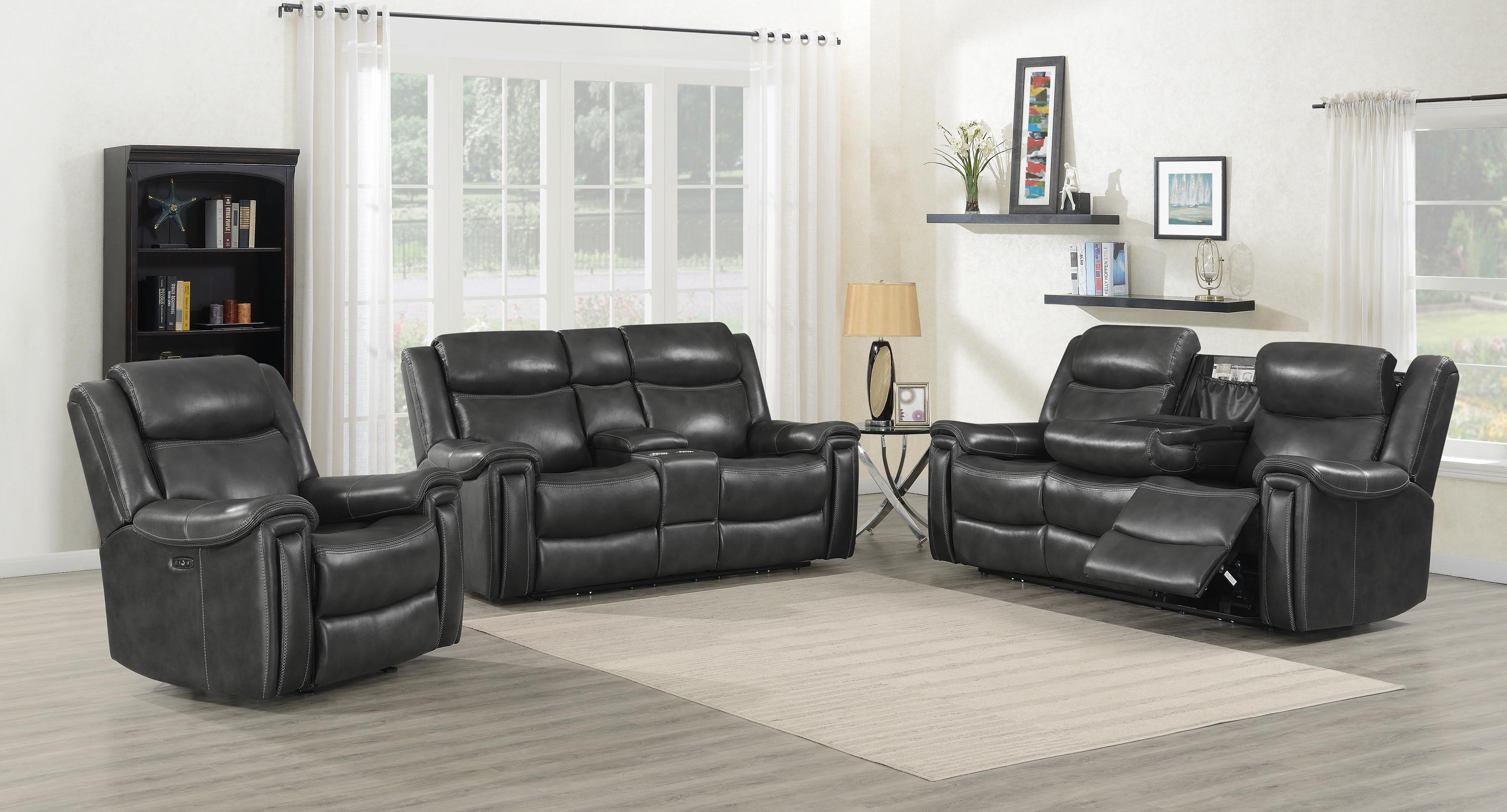 

                    
Buy Transitional Hand Rubbed Charcoal Leather Power Loveseat Coaster 609322PP Shallowford
