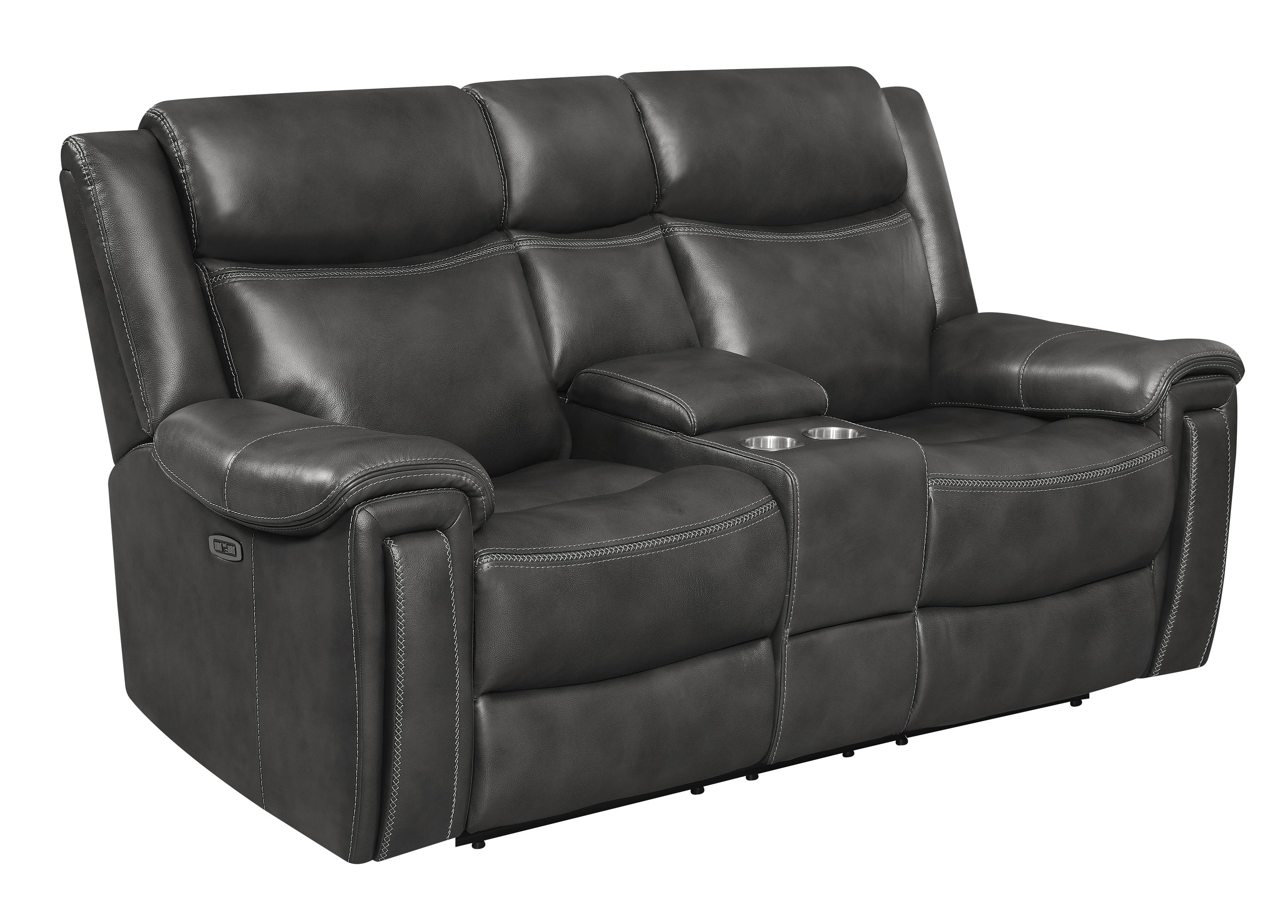 

    
Transitional Hand Rubbed Charcoal Leather Power Loveseat Coaster 609322PP Shallowford
