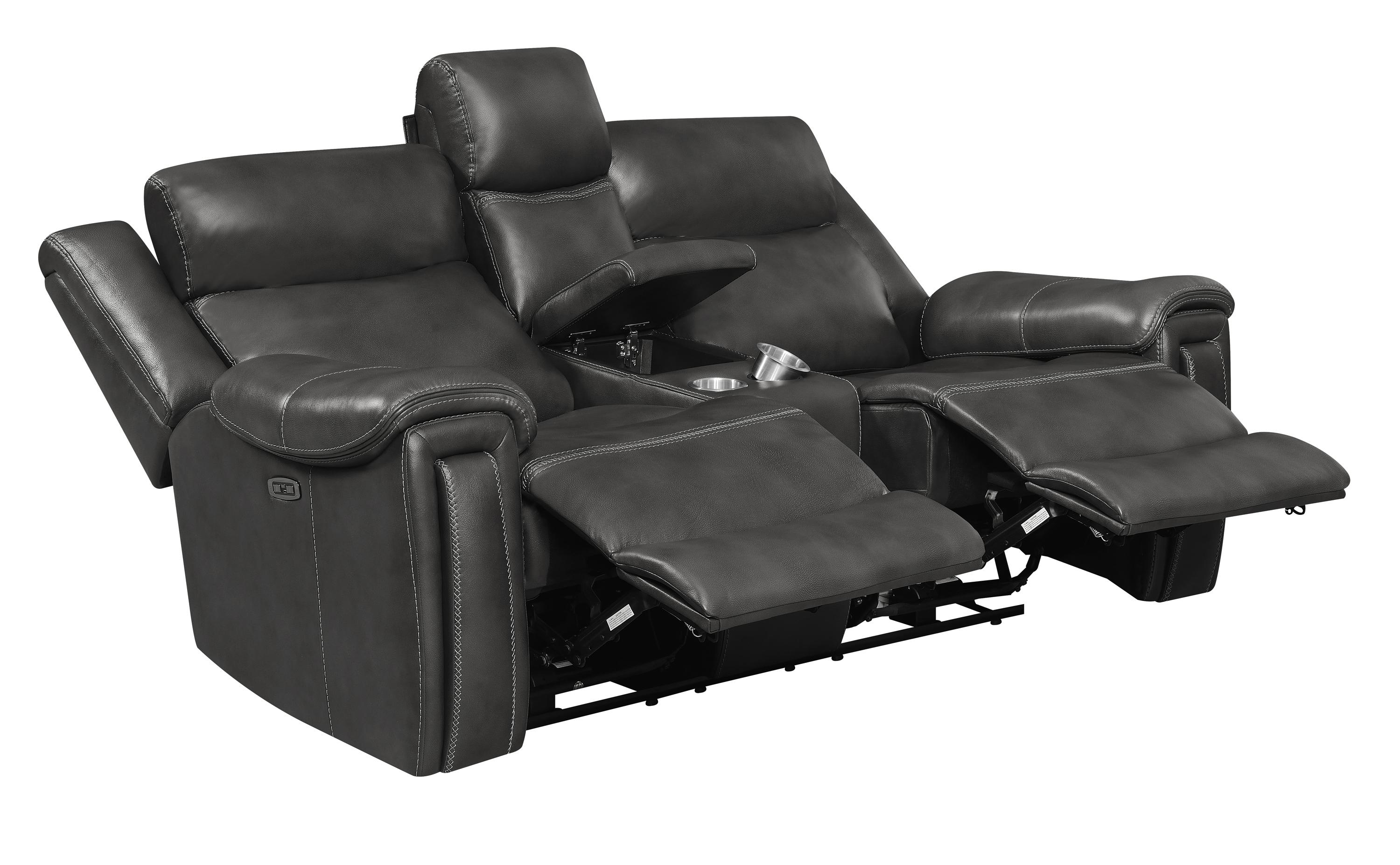 

    
 Shop  Transitional Hand Rubbed Charcoal Leather Power Sofa Set 2pcs Coaster 609321PPI-S2 Shallowford
