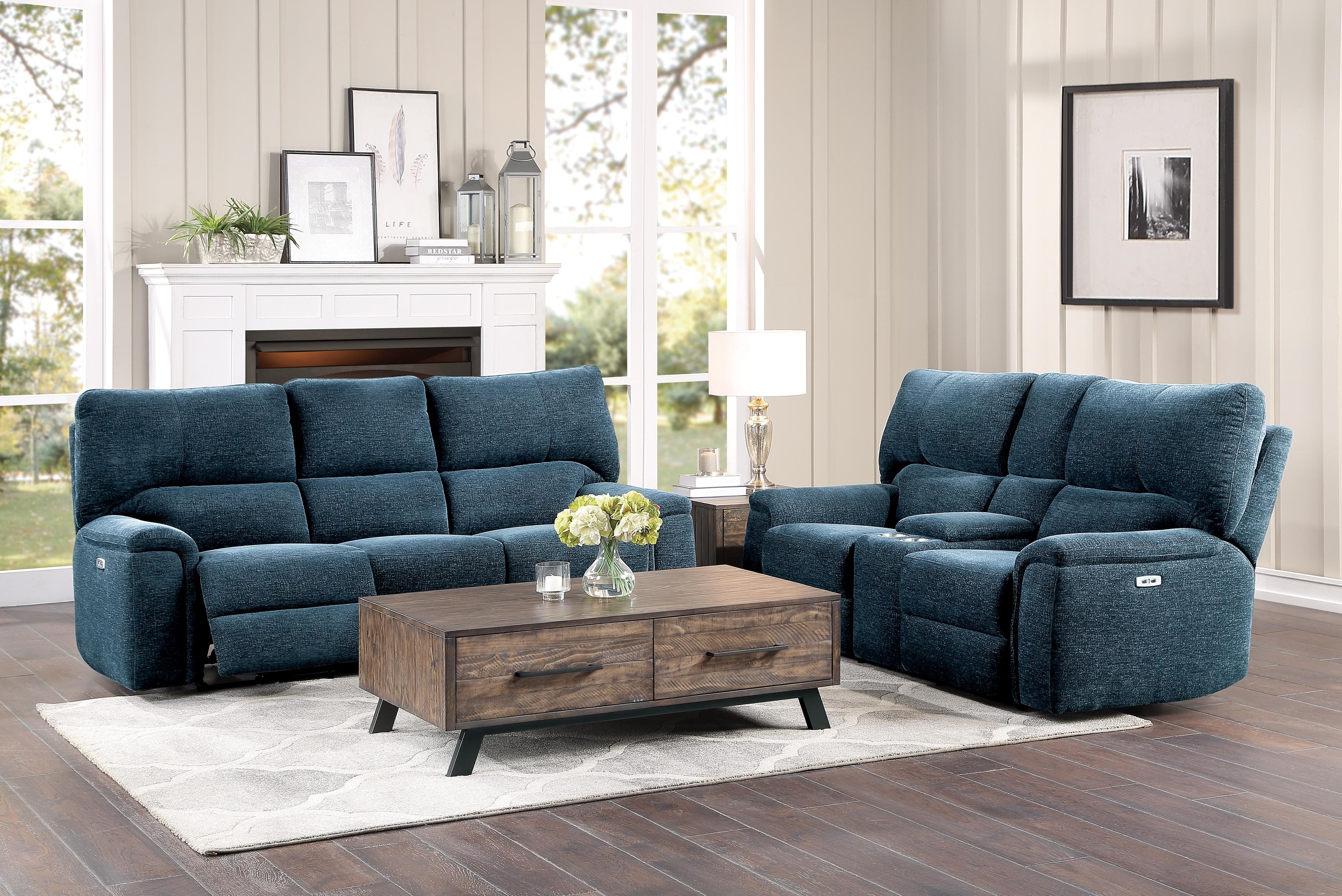 Transitional Power Reclining Sofa Set 9413IN-PWH-2PC Dickinson 9413IN-PWH-2PC in Indigo Chenille