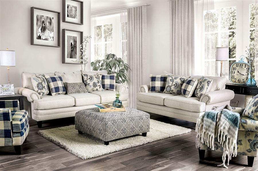 Transitional Sofa Loveseat Chair and Ottoman Set SM8101-5PC Nash SM8101-5PC in Ivory Fabric