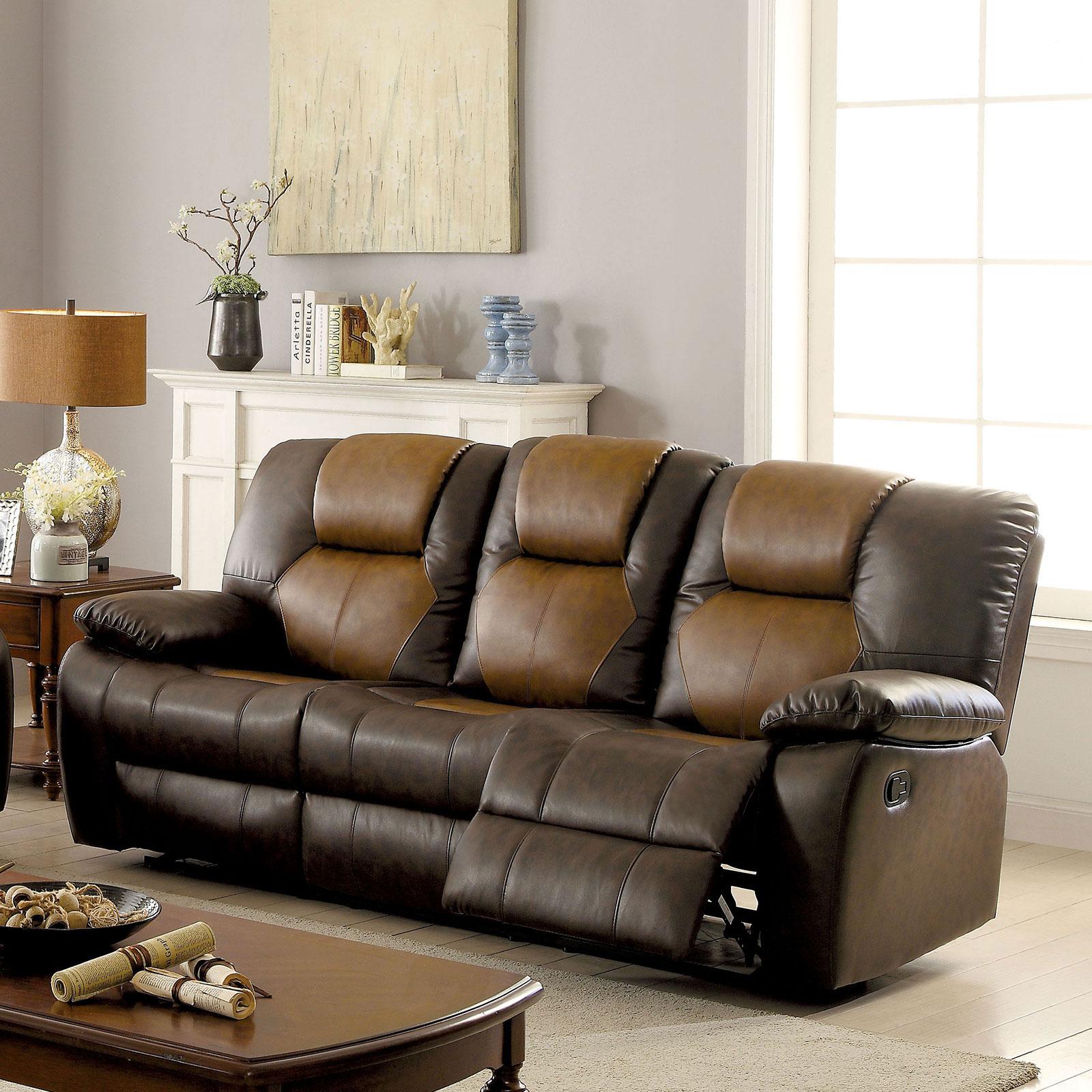 

    
Transitional Light Brown Faux Leather Upholstery Reclining sofa Pollux FoA Group
