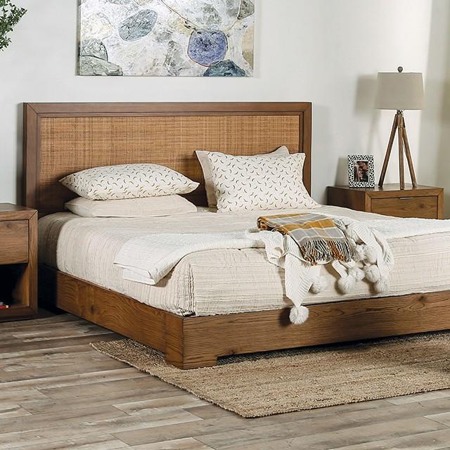 

    
Transitional Light Walnut Solid Wood King Platform Bed Furniture of America Leirvik FOA7460WN-EK

