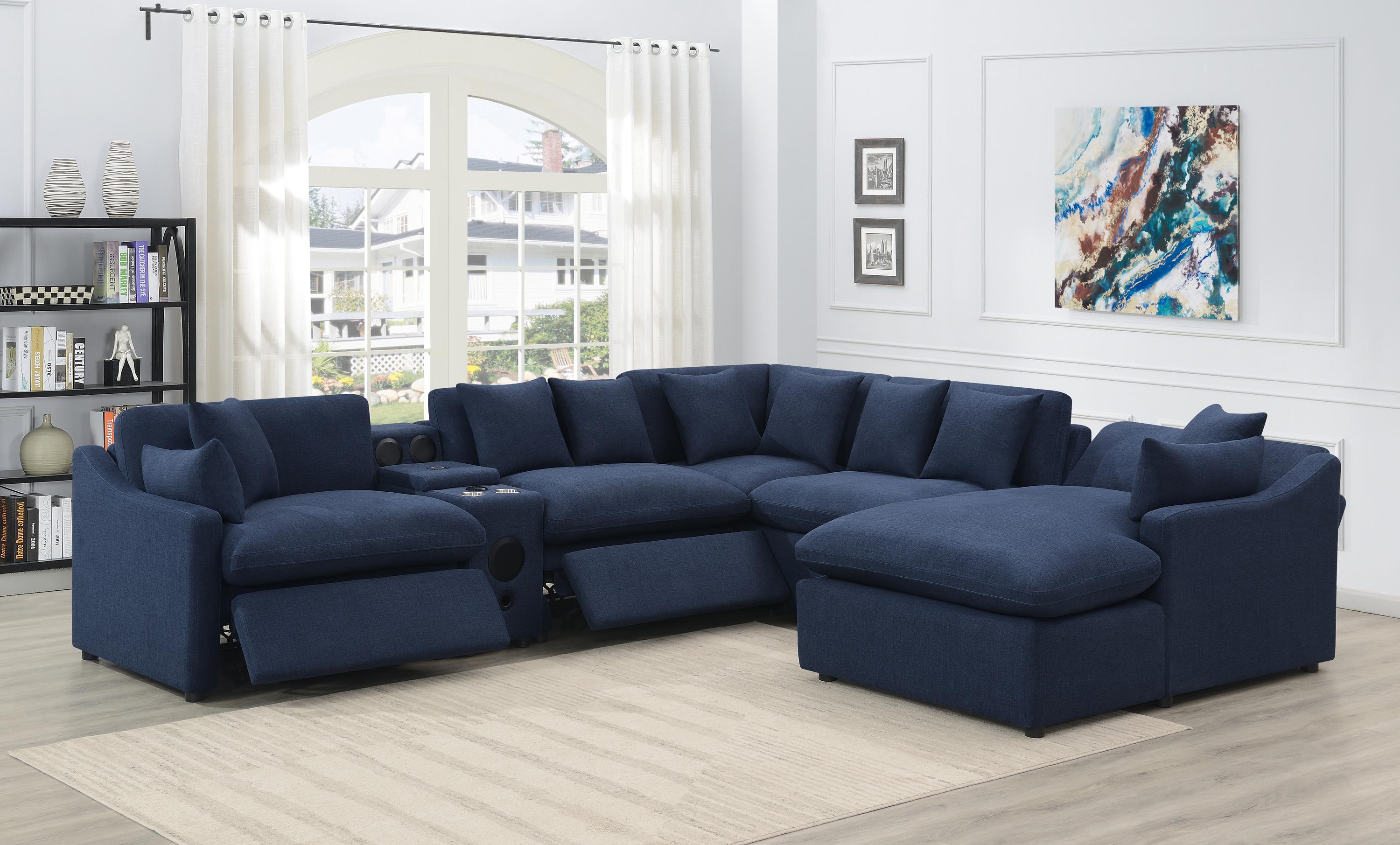 

    
Transitional Midnight Blue Linen-like Upholstery 6-Piece Power Sectional Coaster 651551P-S6 Destino
