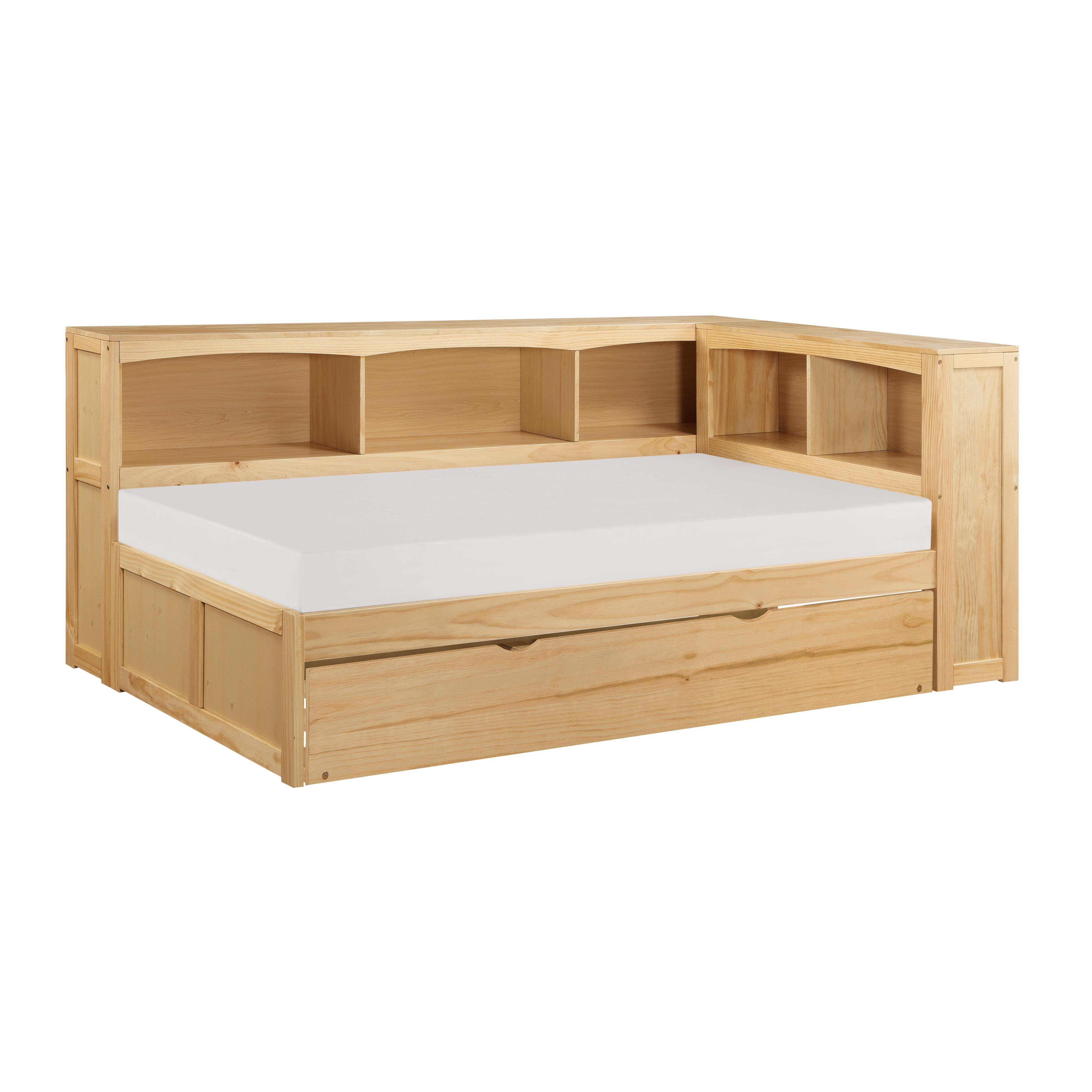 

    
Transitional Natural Pine Finish Wood Twin Bookcase Corner Bed w/Trundle Homelegance B2043BC-1BCR* Bartly
