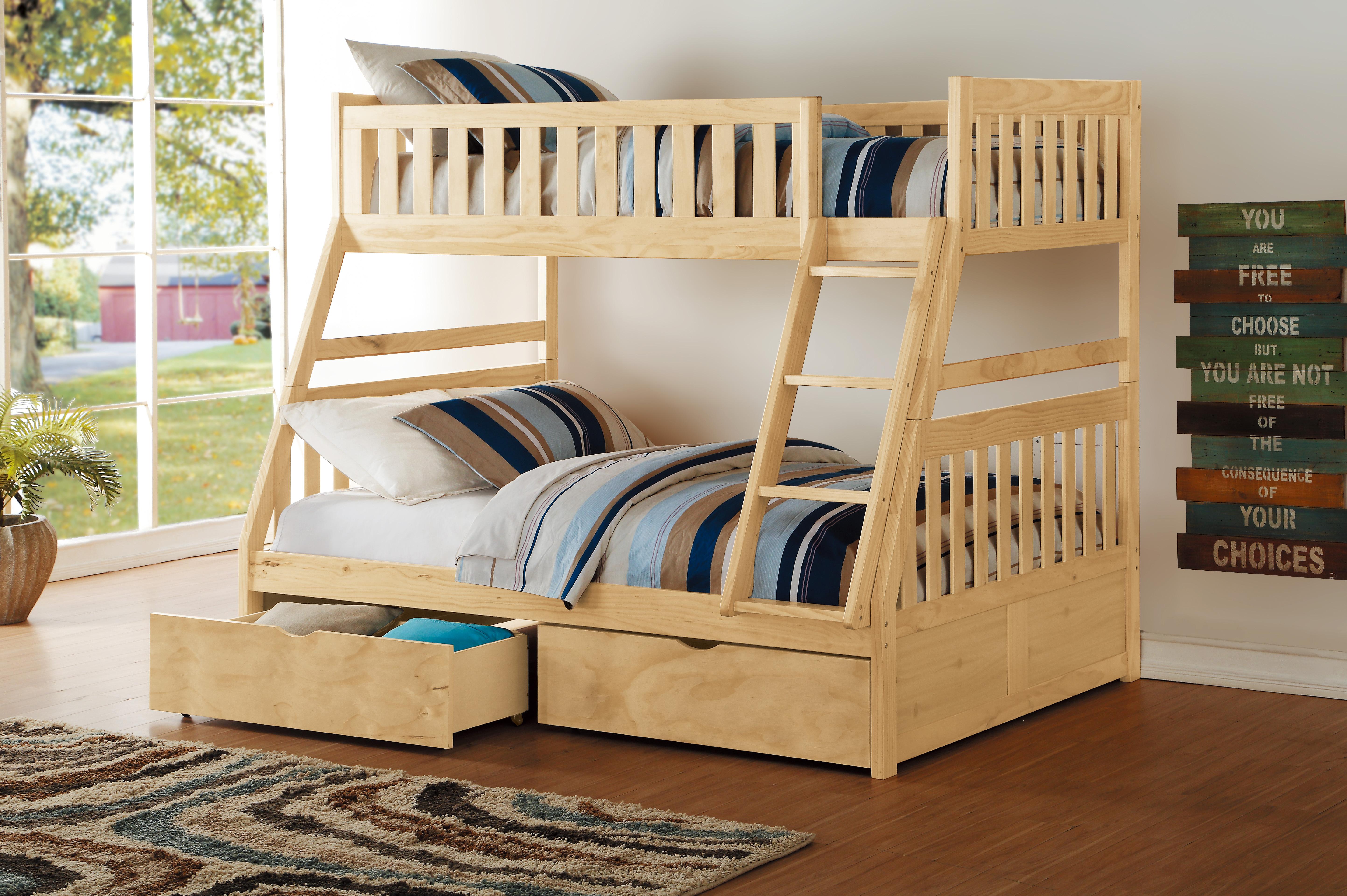 

    
Transitional Natural Pine Finish Wood Twin/Full Bunk Bed w/Storage Boxes Homelegance B2043TF-1*T Bartly
