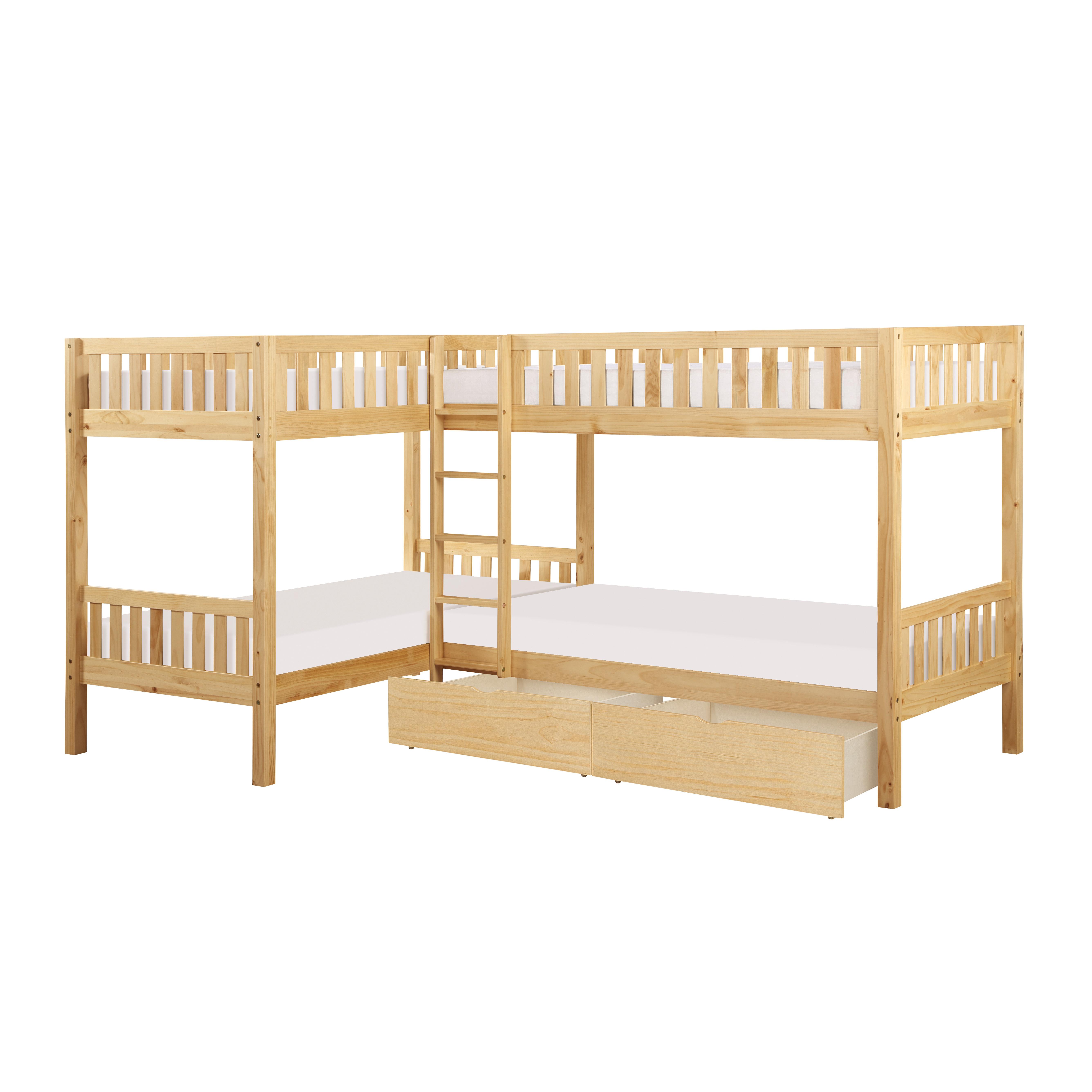 

    
Transitional Natural Pine Finish Wood Twin L Corner Bunk Bed w/Storage Boxes Homelegance B2043CN-1T* Bartly
