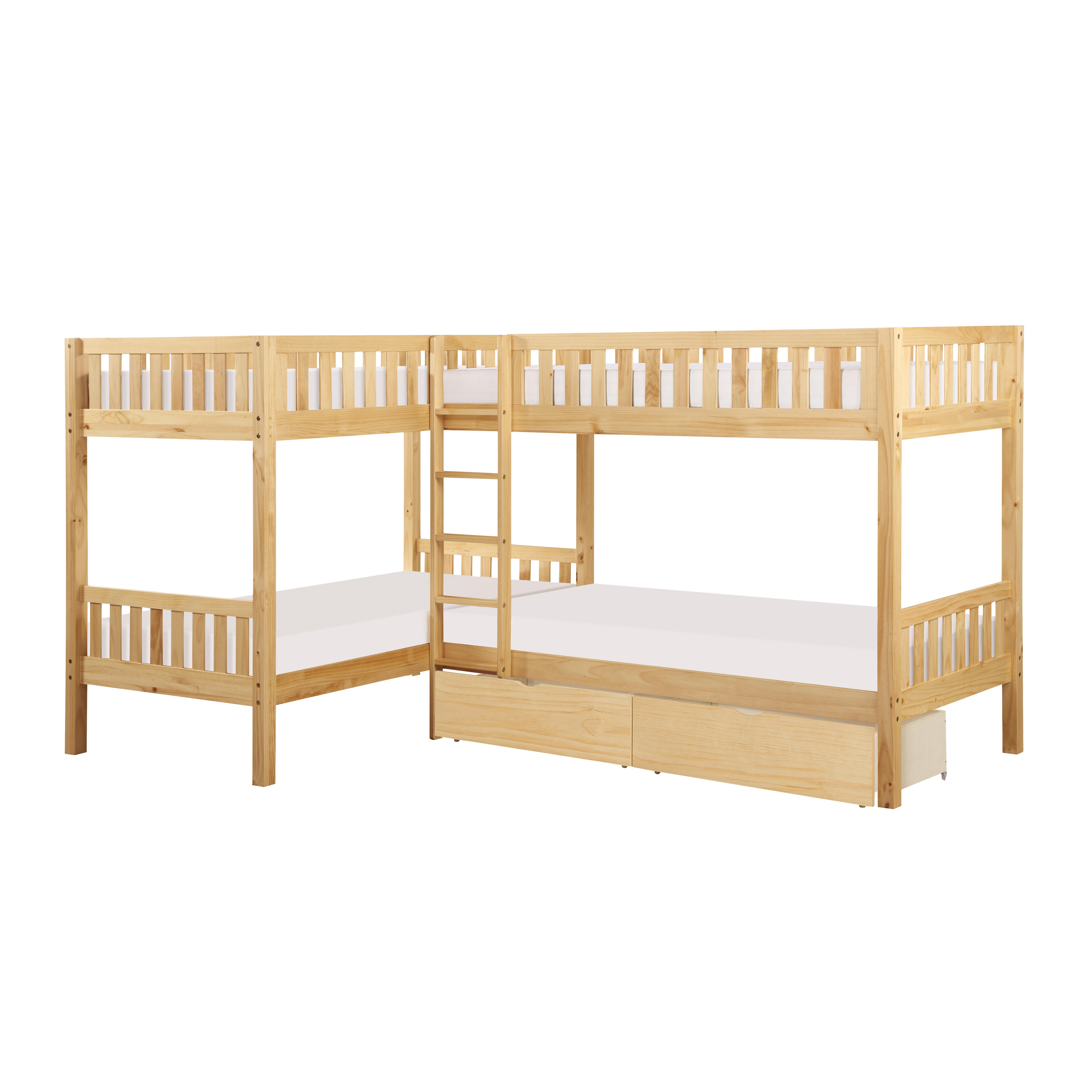 

    
Transitional Natural Pine Finish Wood Twin L Corner Bunk Bed w/Storage Boxes Homelegance B2043CN-1T* Bartly
