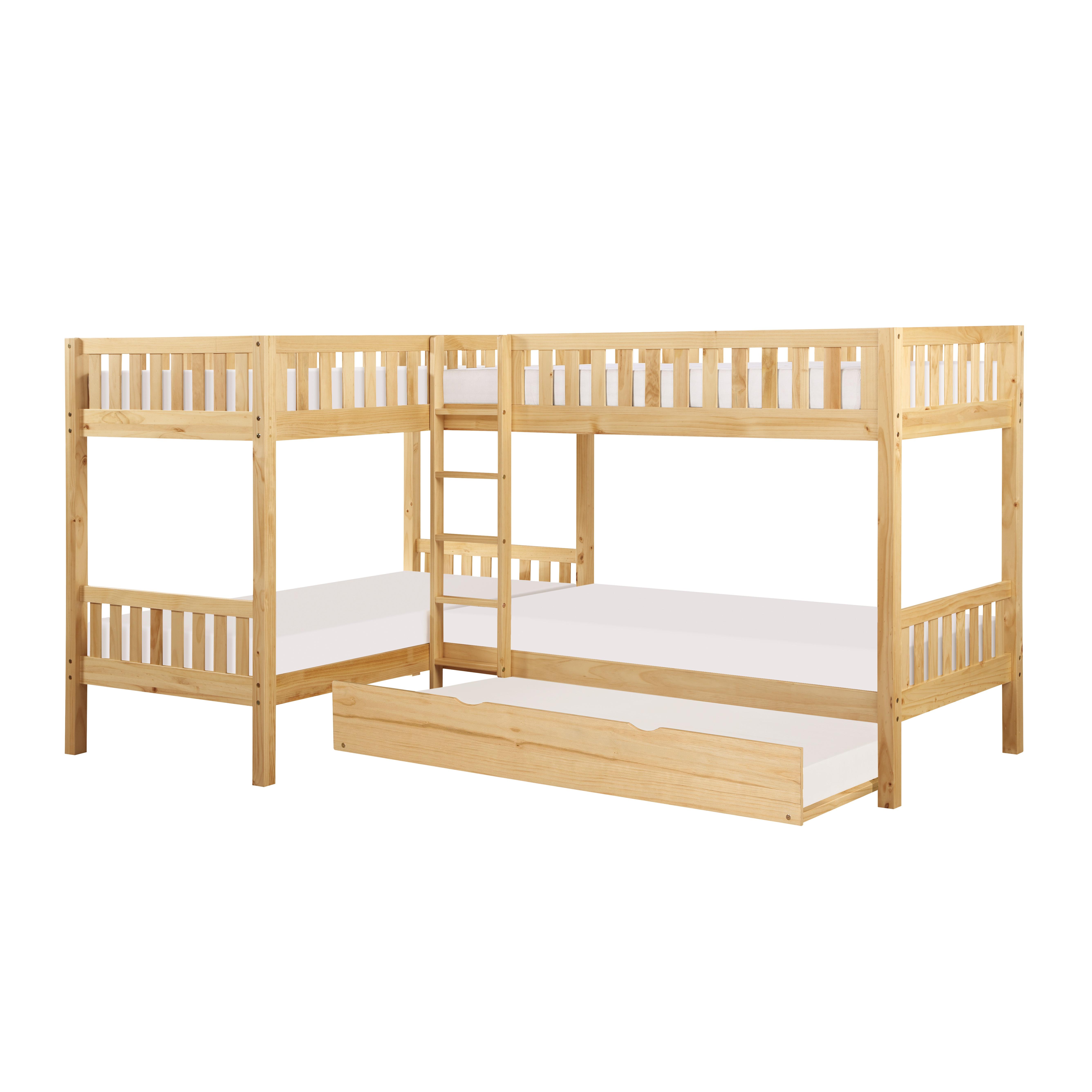 

    
Transitional Natural Pine Finish Wood Twin L Corner Bunk Bed w/Trundle Homelegance B2043CN-1R* Bartly
