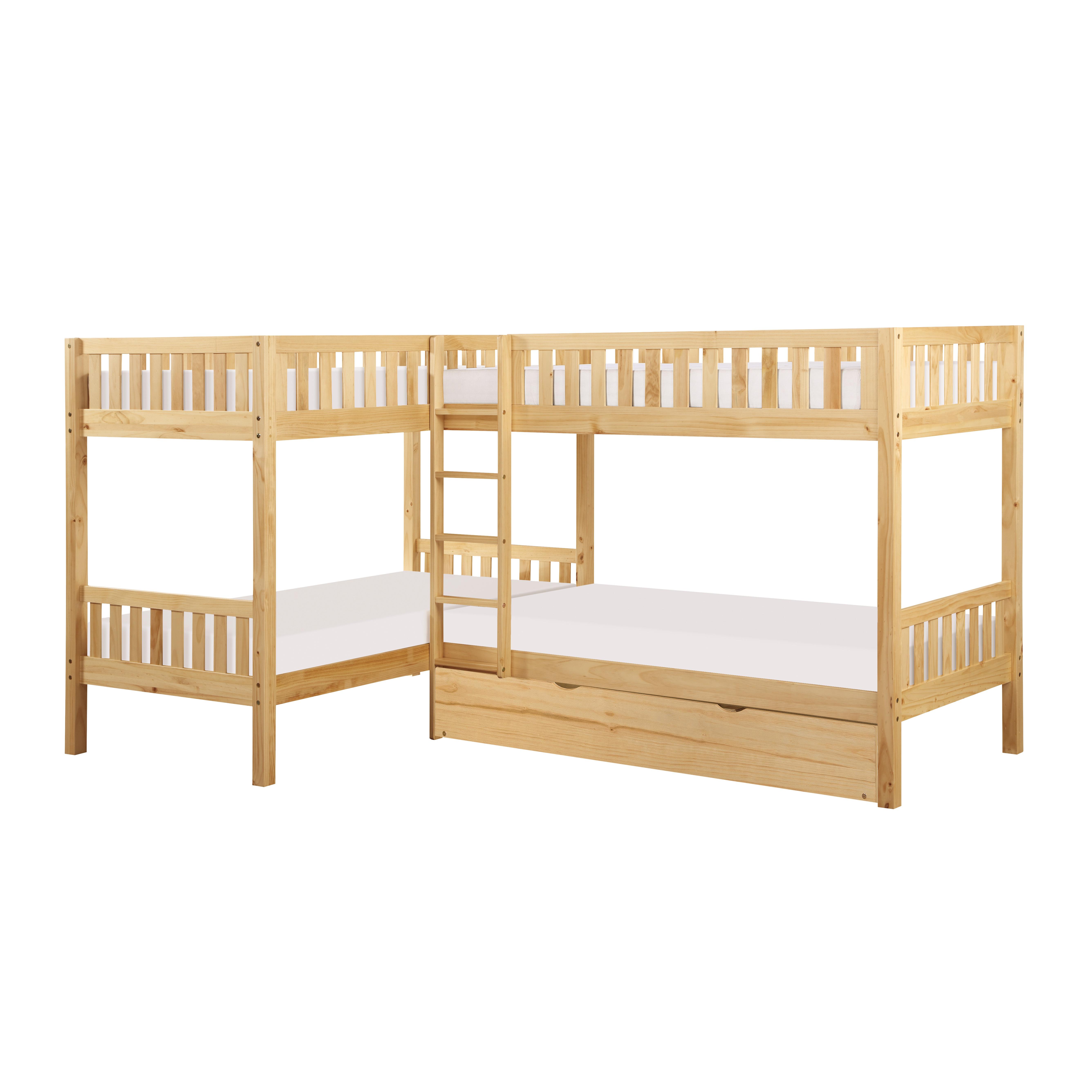 

    
Transitional Natural Pine Finish Wood Twin L Corner Bunk Bed w/Trundle Homelegance B2043CN-1R* Bartly
