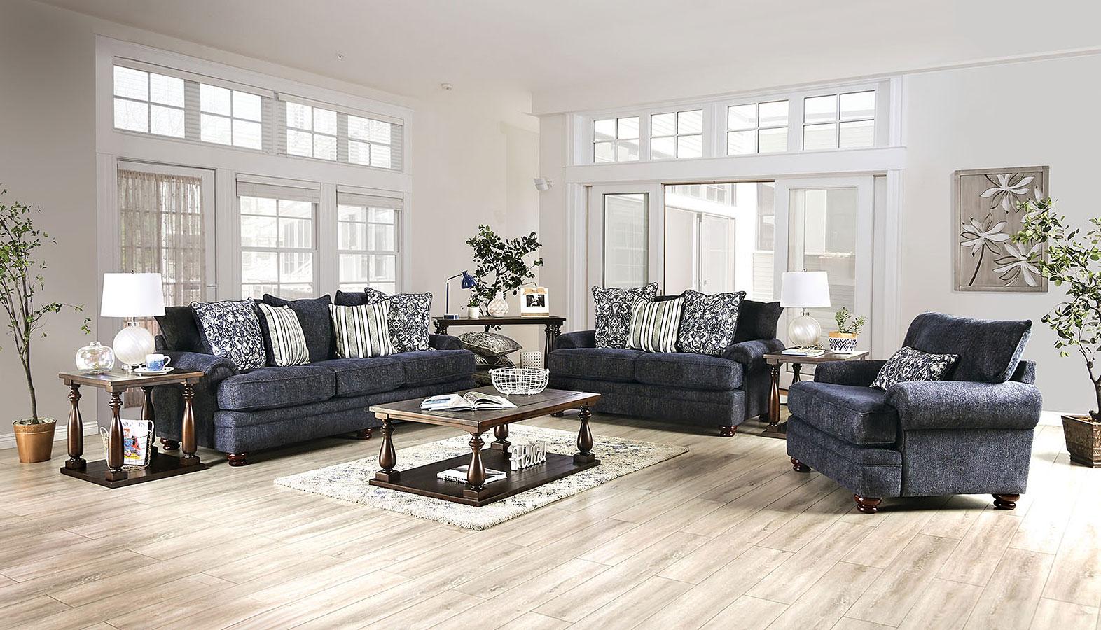 Transitional Sofa Loveseat and Chair Set SM5157-SF-3PC Hadleigh SM5157-SF-3PC in Navy Chenille