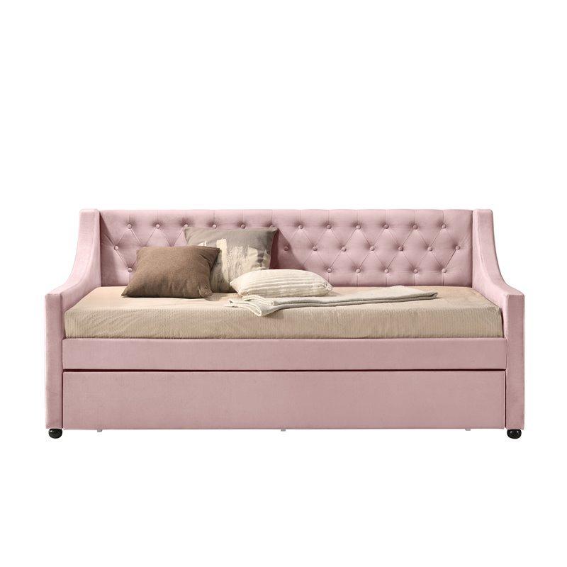 

    
Transitional Pink Velvet Fabric Daybed w/ Trundle by Acme Lianna 39380

