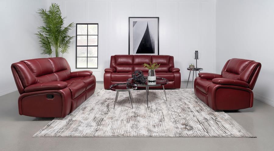 

    
Transitional Red Wood Reclining Living Room Set 3PCS Coaster Camila 610241
