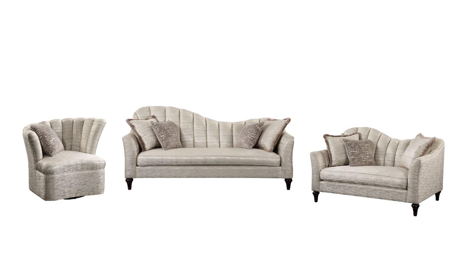 

    
Transitional Shimmering Pearl Sofa + Loveseat + Swivel Chair by Acme Athalia 55305-3pcs

