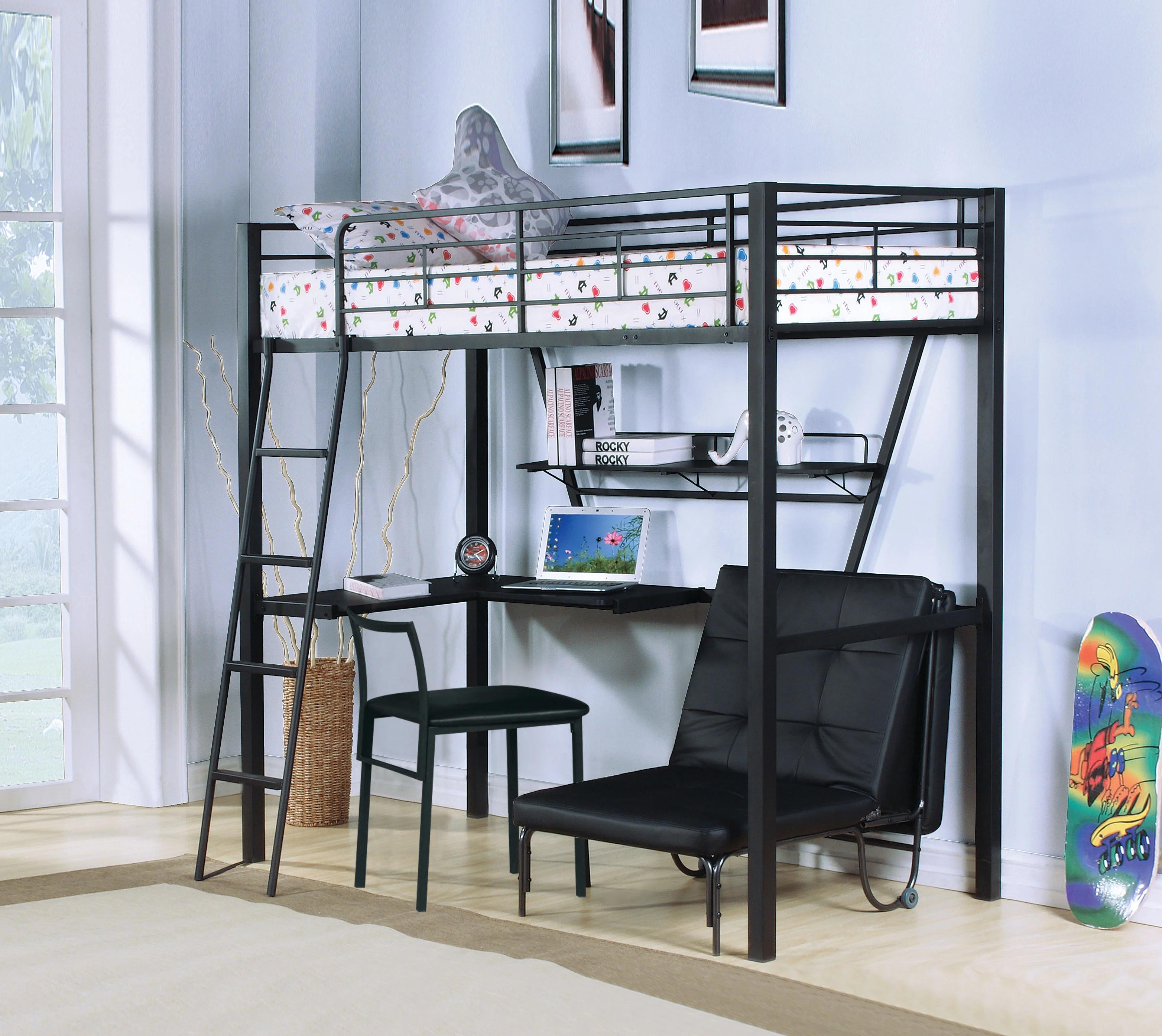 

    
Transitional Silver & Black Twin Loft Bed + Chair + Foldable Bed by Acme Senon 37275-3pcs
