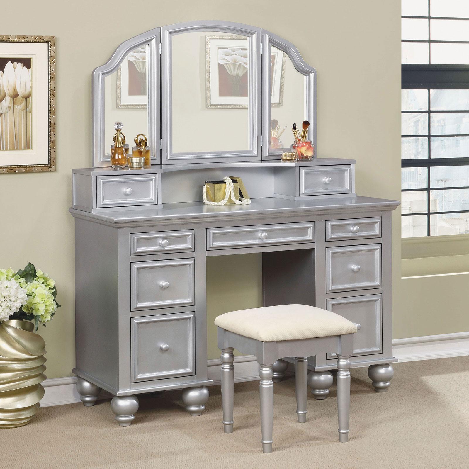 

    
Silver Solid Wood VANITY W/ STOOL ATHY CM-DK6848SV FoA Group Glam
