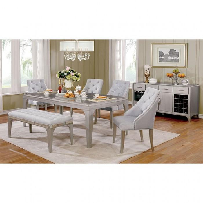 

    
Transitional Silver & Gray Solid Wood Dining Room Set 7pcs w/Server Furniture of America Diocles
